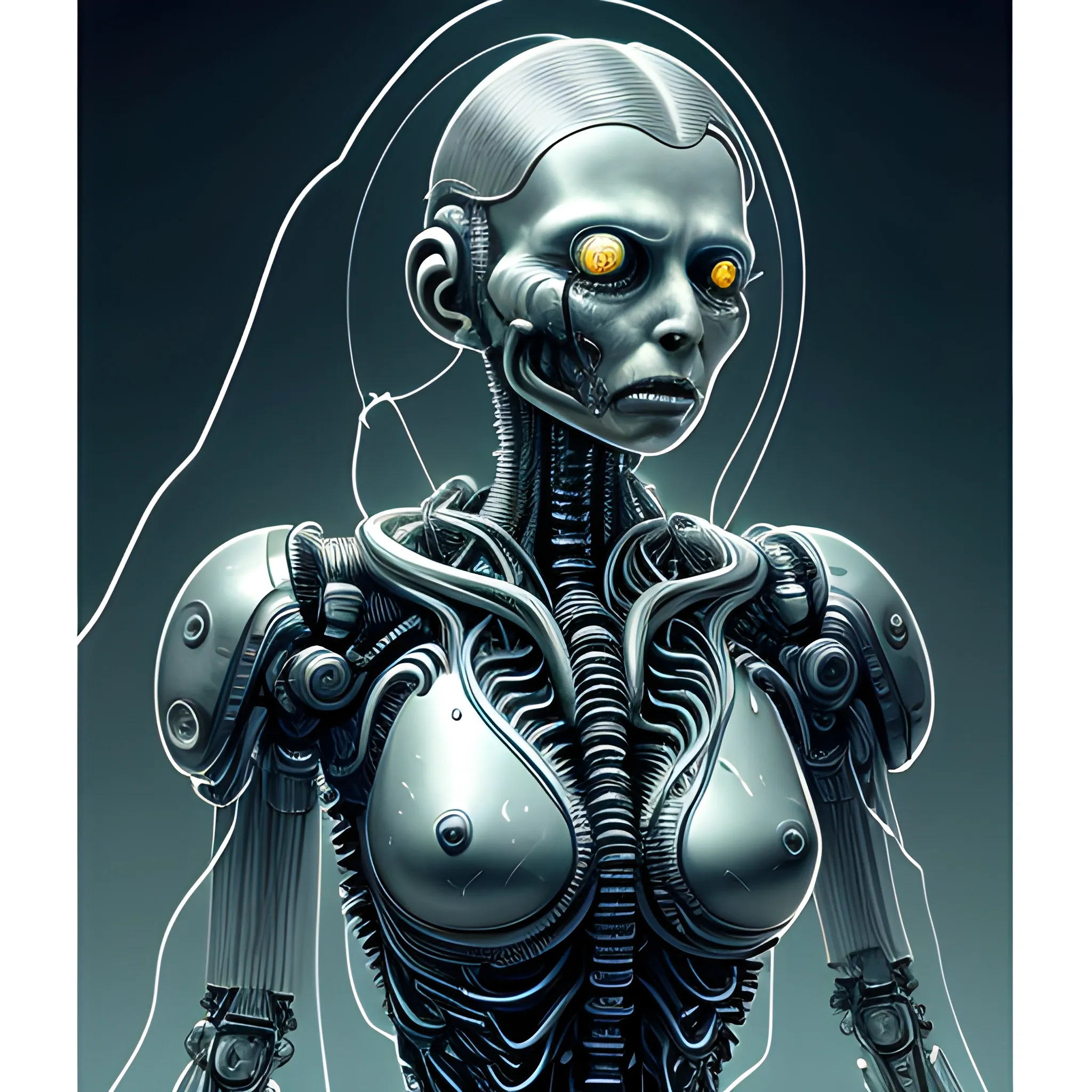 Ultra realistic full shot of a biomechanical cyborg woman crying made of crystal and glass with glowing electrical cables and colorful wired mechanical arms, cyberpunk, science fiction, fantasy, Kodak, soft light, volumetric lighting, night, fog, smoke, intricate, elegant, highly detailed, digital painting, artstation, concept art, soft and sharp focus, illustration, Hans Ruedi Giger style art like the alien films, Pencil Sketch