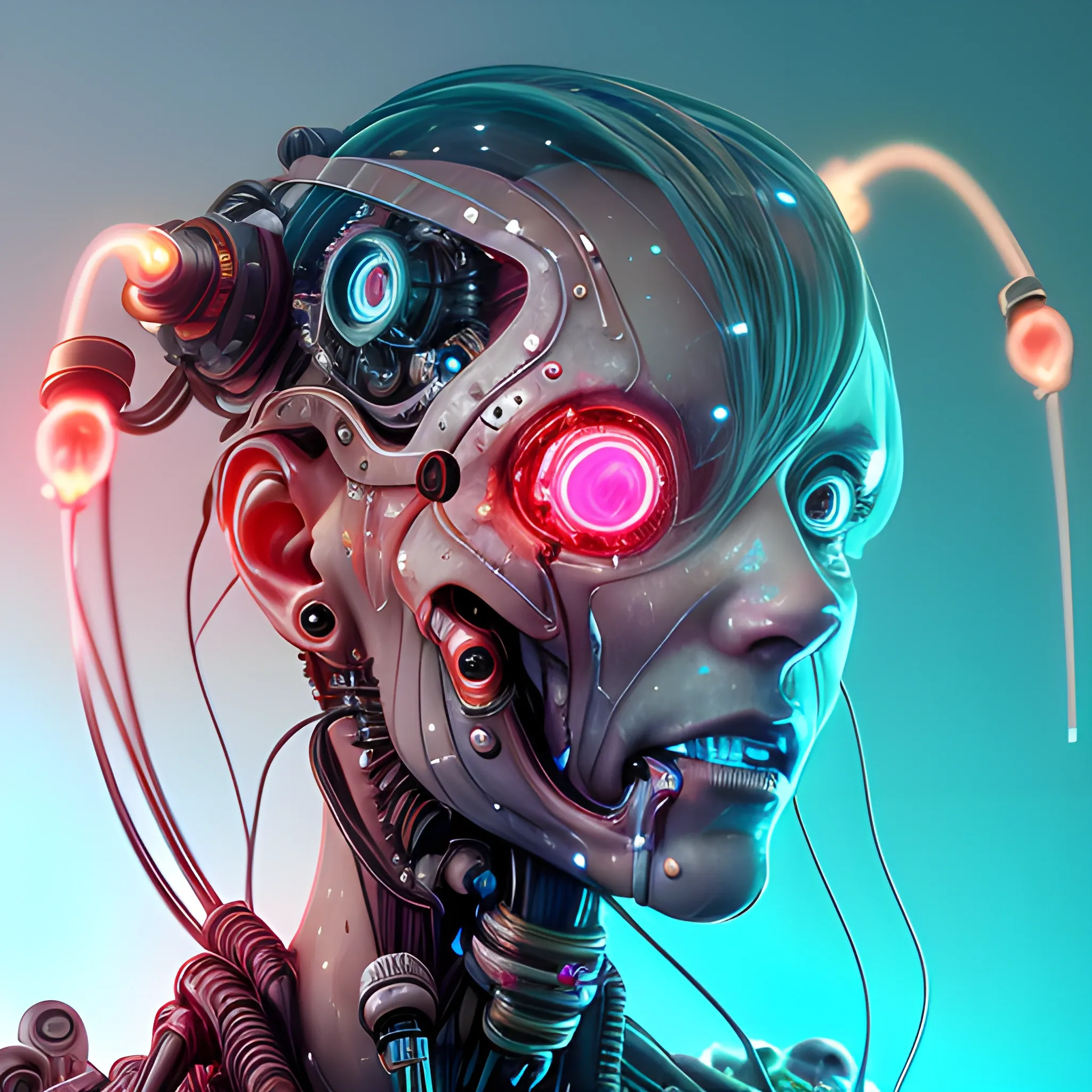 Ultra realistic full shot of a biomechanical cyborg woman crying tears aqua red,  made of crystal and glass with glowing electrical cables and colorful wired mechanical arms, cyberpunk, science fiction, fantasy, Kodak, soft light, volumetric lighting, night, fog, smoke, intricate, elegant, highly detailed, digital painting, artstation, concept art, soft and sharp focus, illustration 