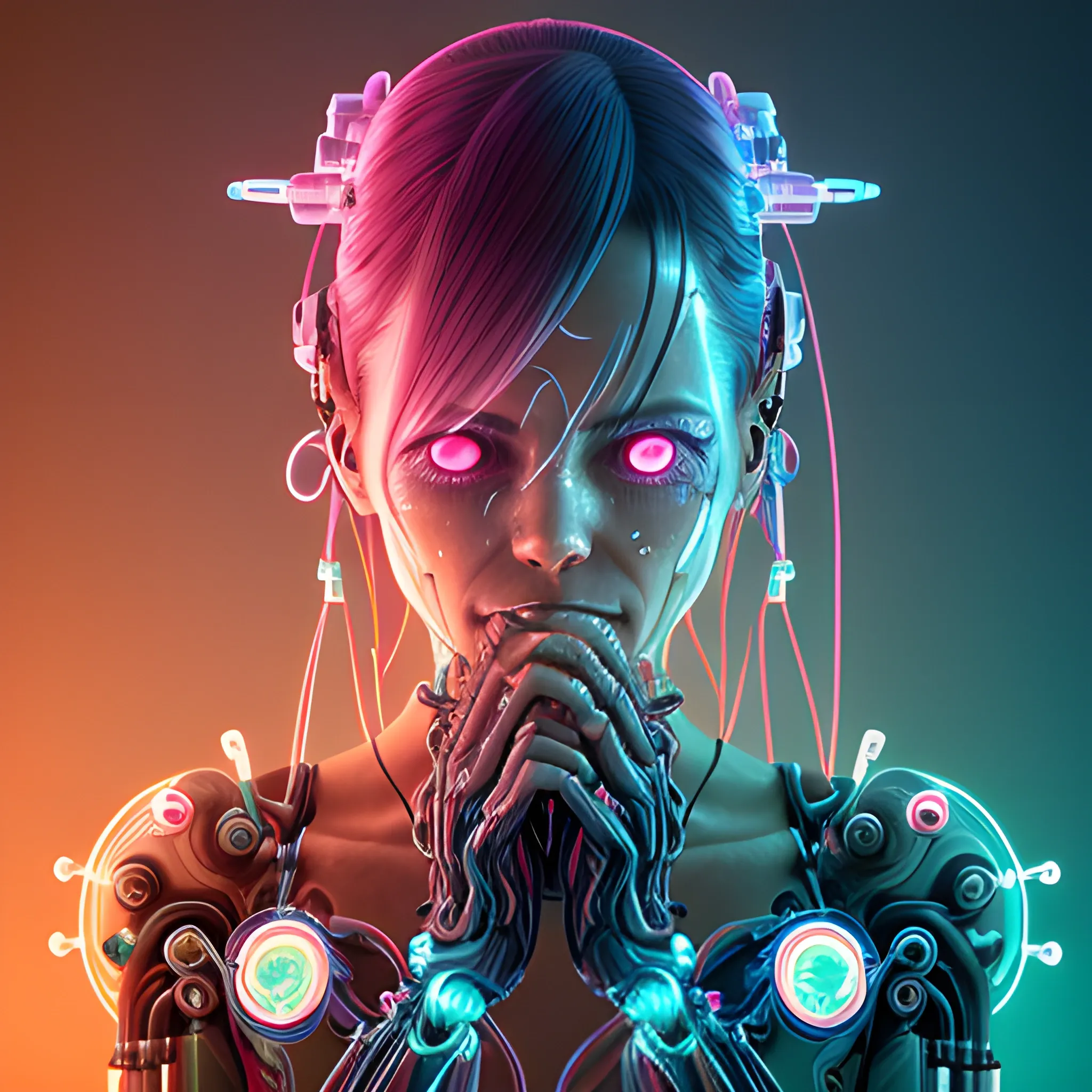 Ultra realistic full shot of a biomechanical cyborg woman crying tears aqua red,  made of crystal and glass with glowing electrical cables and colorful wired mechanical arms, cyberpunk, science fiction, fantasy, Kodak, soft light, volumetric lighting, night, fog, smoke, intricate, elegant, highly detailed, digital painting, artstation, concept art, soft and sharp focus, illustration , Trippy