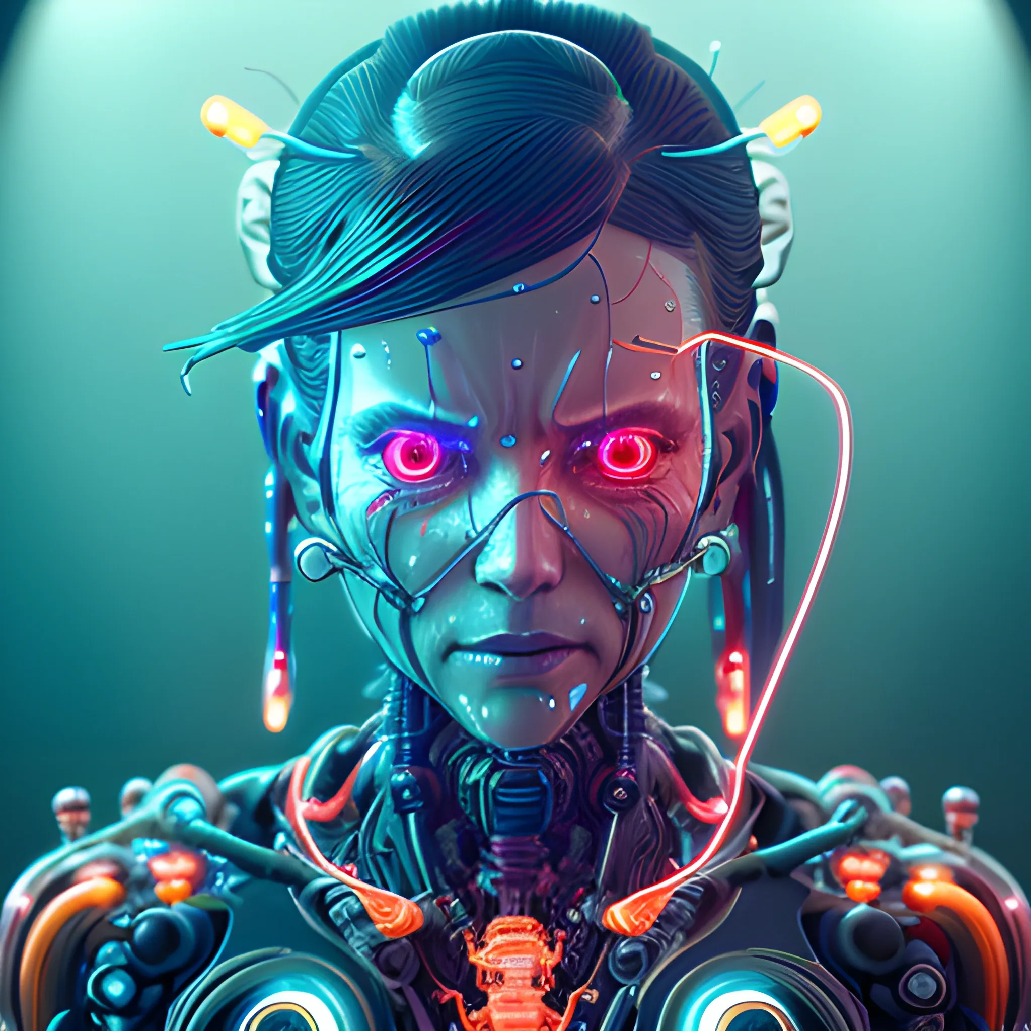 Ultra realistic full shot of a biomechanical cyborg woman crying tears aqua red,  made of crystal and glass with glowing electrical cables and colorful wired mechanical arms, cyberpunk, science fiction, fantasy, Kodak, soft light, volumetric lighting, night, fog, smoke, intricate, elegant, highly detailed, digital painting, artstation, concept art, soft and sharp focus, illustration