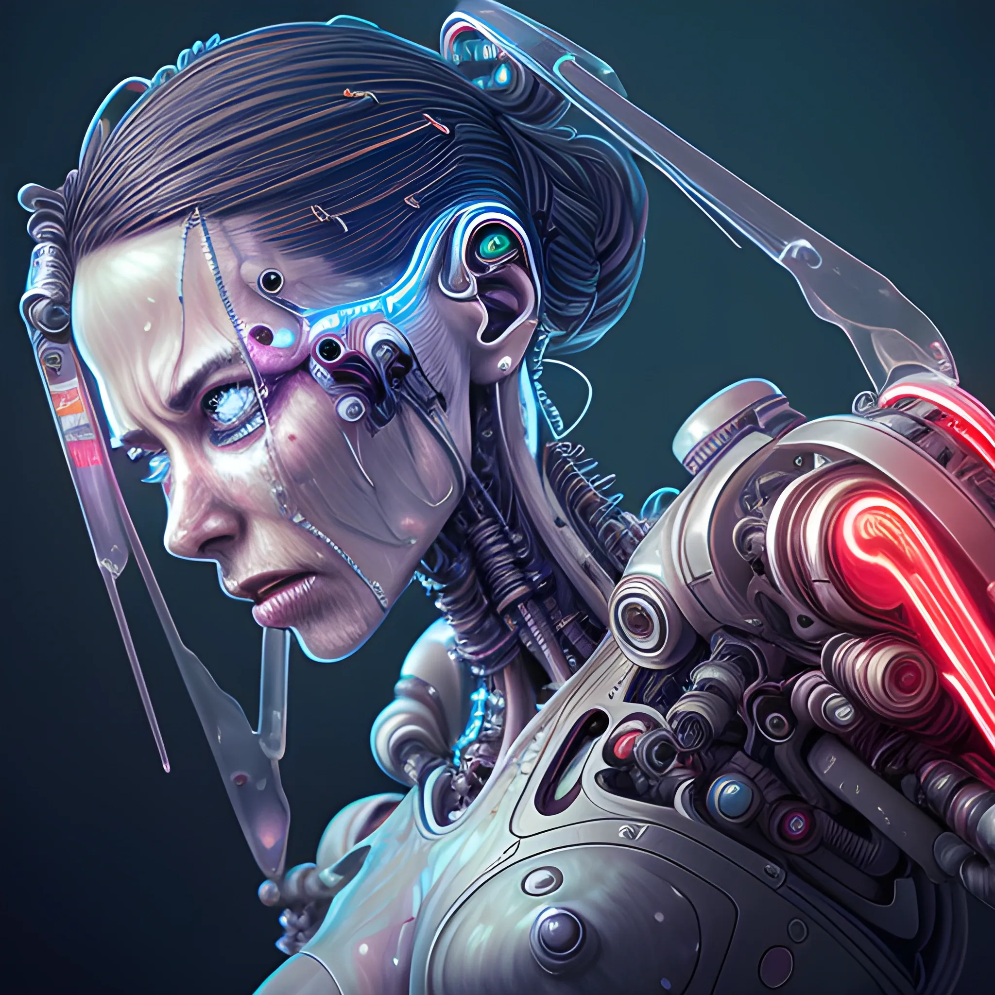 Ultra realistic full shot of a biomechanical cyborg woman crying tears aqua red,  made of crystal and glass with glowing electrical cables and colorful wired mechanical arms, cyberpunk, science fiction, fantasy, Kodak, soft light, volumetric lighting, night, fog, smoke, intricate, elegant, highly detailed, digital painting, artstation, concept art, soft and sharp focus, illustration, Pencil Sketch
