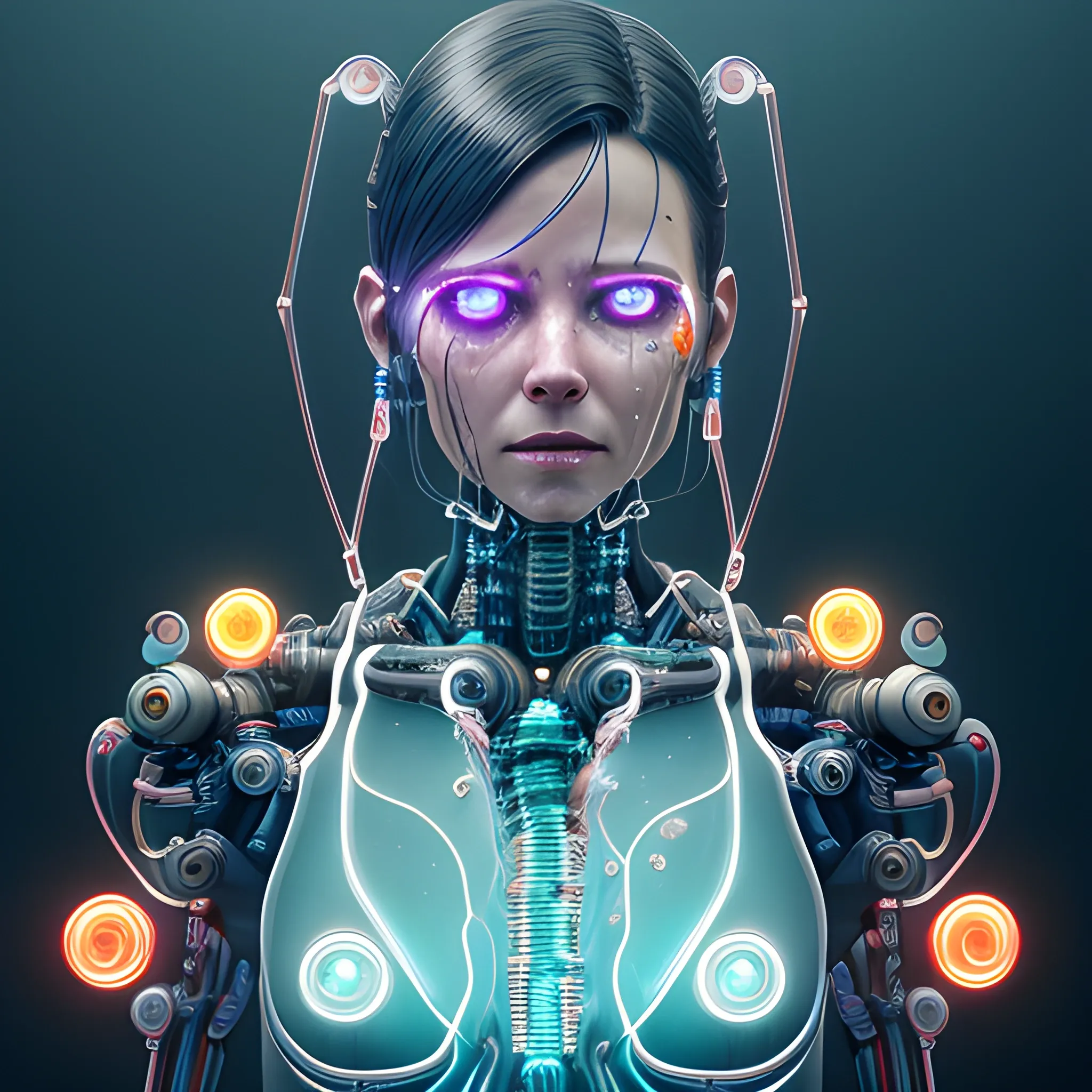 Ultra realistic full shot of a biomechanical cyborg woman crying tears aqua red,  made of crystal and glass with glowing electrical cables and colorful wired mechanical arms, cyberpunk, science fiction, fantasy, Kodak, soft light, volumetric lighting, night, fog, smoke, intricate, elegant, highly detailed, digital painting, artstation, concept art, soft and sharp focus, illustration, 3D