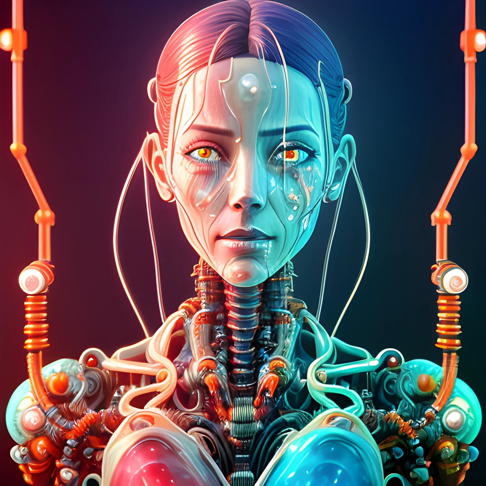 Ultra realistic full shot of a biomechanical cyborg woman crying tears aqua red,  made of crystal and glass with glowing electrical cables and colorful wired mechanical arms, cyberpunk, science fiction, fantasy, Kodak, soft light, volumetric lighting, night, fog, smoke, intricate, elegant, highly detailed, digital painting, artstation, concept art, soft and sharp focus, illustration, 3D, Oil Painting, Cartoon, Water Color, Trippy