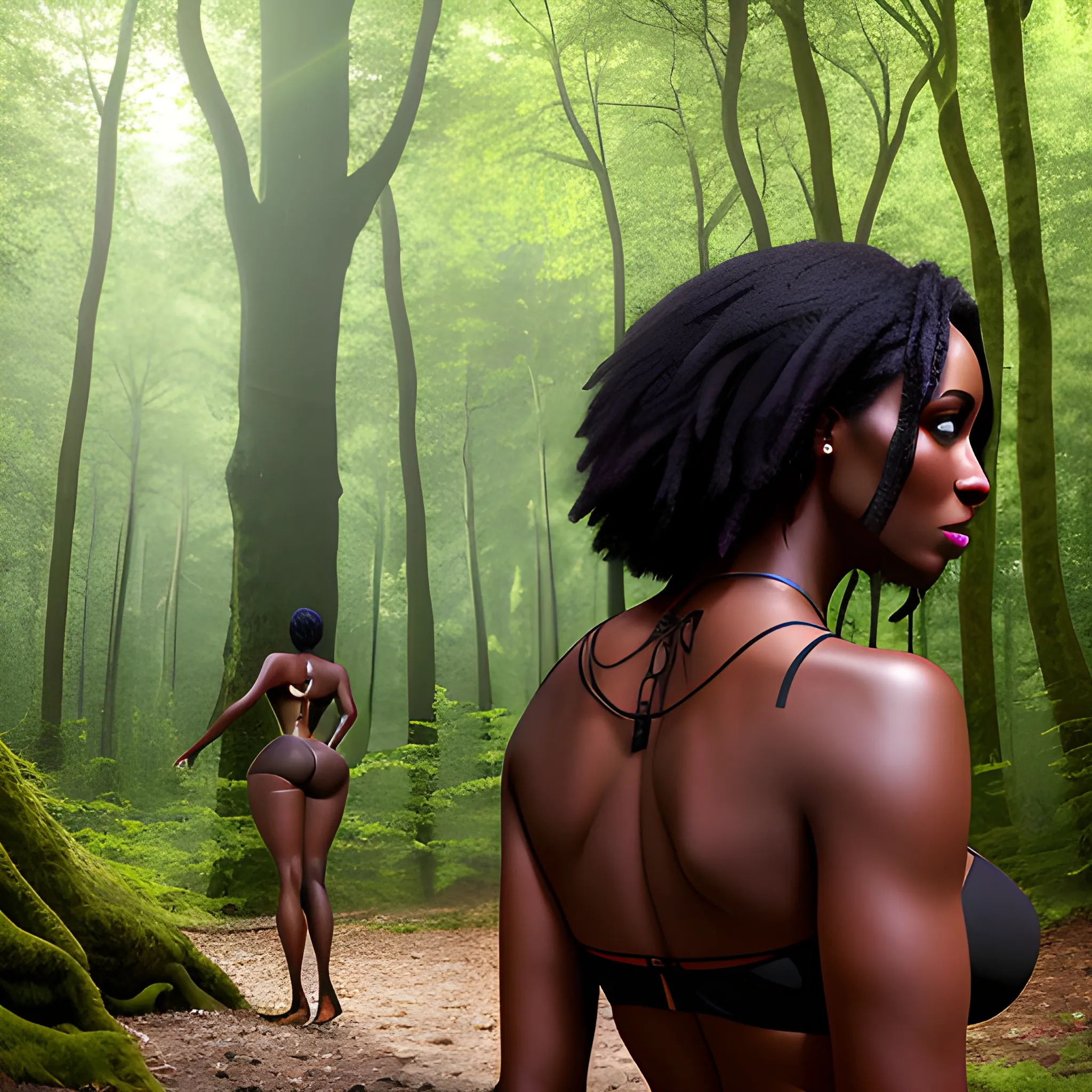 a woman in a forest with her back to the camera and a man in the background, breasts, looking_at_viewer, short_hair, multiple_girls, black_hair, 2girls, bare_shoulders, jewelry, medium_breasts, underwear, standing, panties, ass, earrings, outdoors, parted_lips, solo_focus, day, looking_back, dark_skin, from_behind, dark-skinned_female, tree, lips, crop_top, back, nature, armlet, forest, thong, realistic, bracer