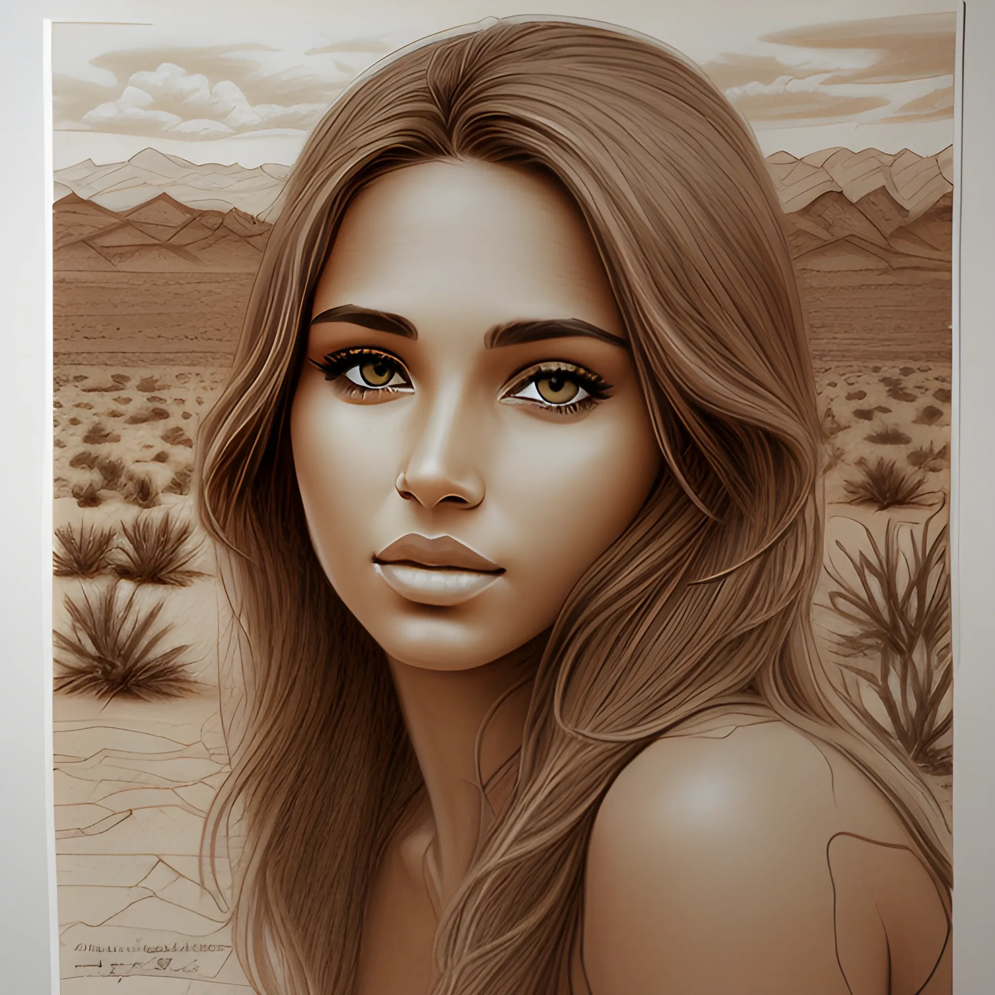 Beautiful woman with thick tan hair and dark brown eyes on a desert background, masterpiece, best quality, Pencil Sketch