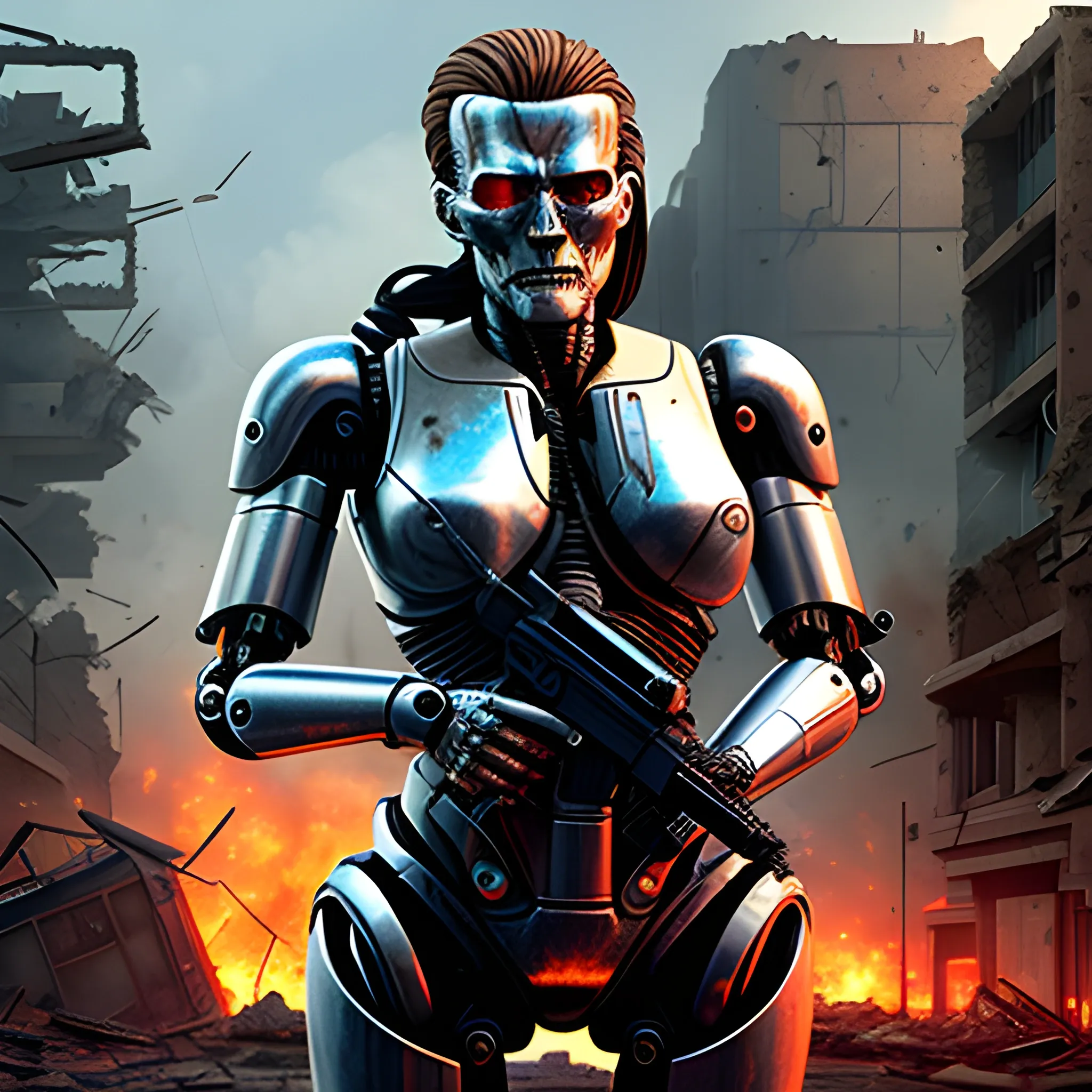 Terminator robot, sci-fi detail, holding gun, in ruins of city，women