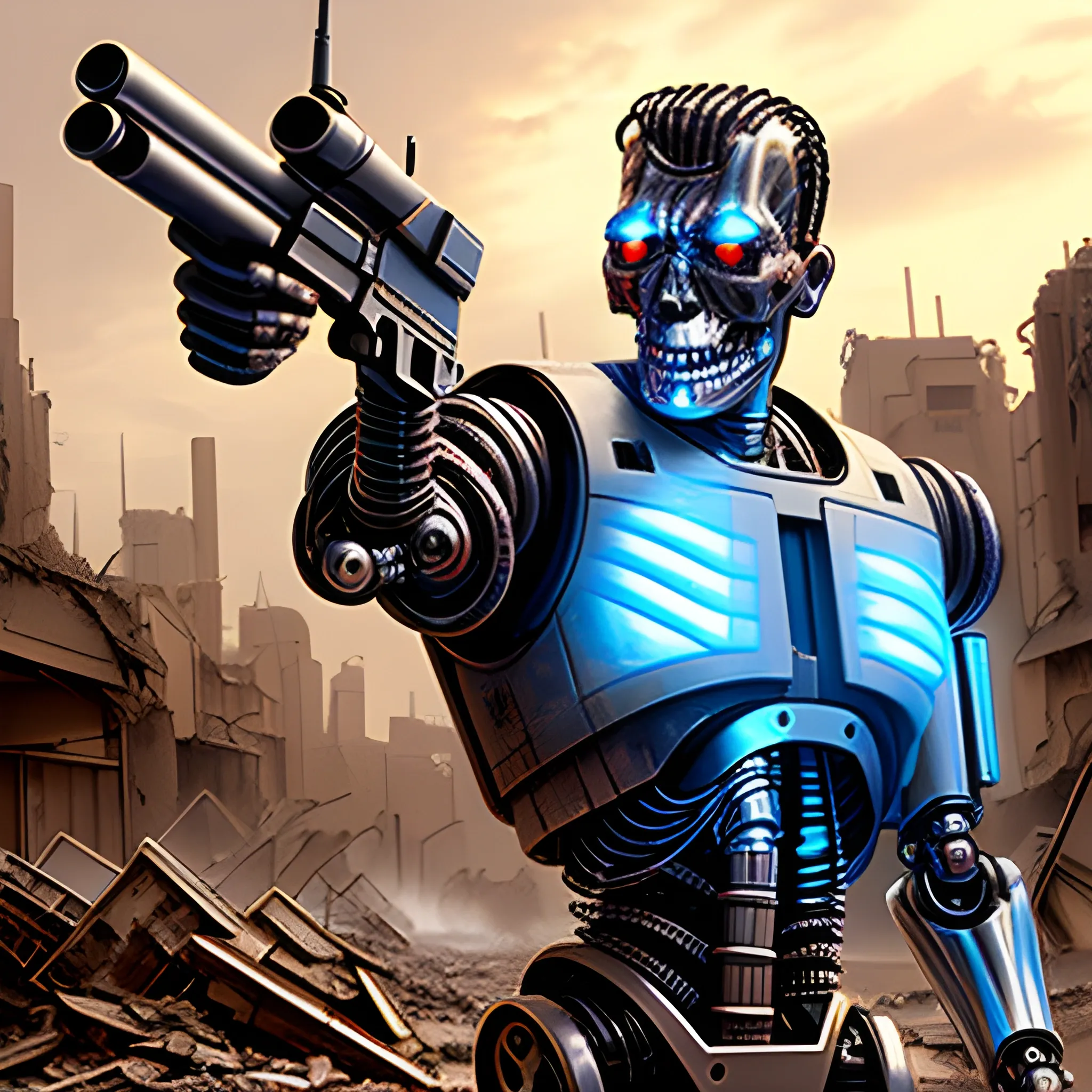 Terminator robot, sci-fi detail, holding gun, in ruins of city