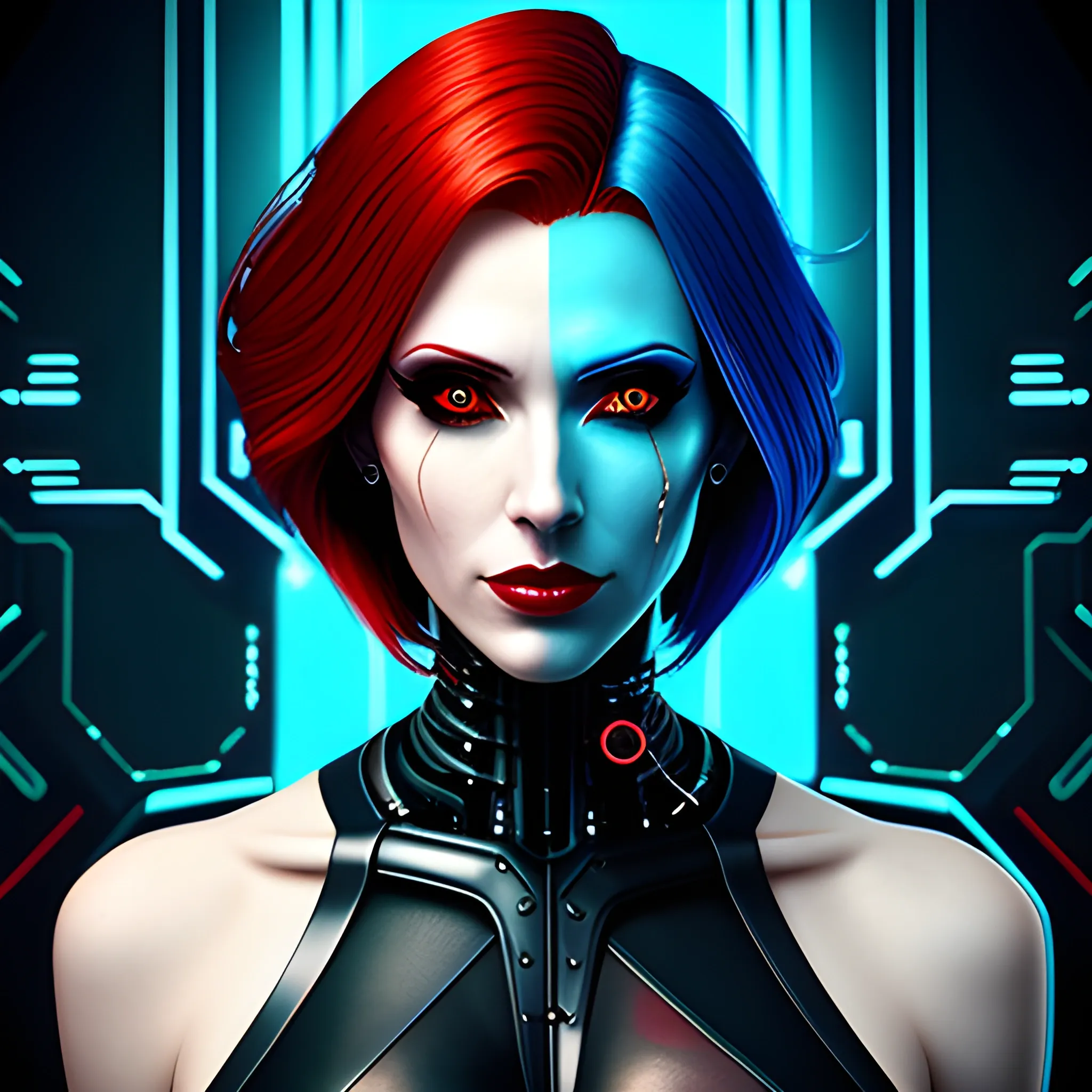 Cyberpunk girl, girl with red hair, dim lights, blue and black tones style, surreal