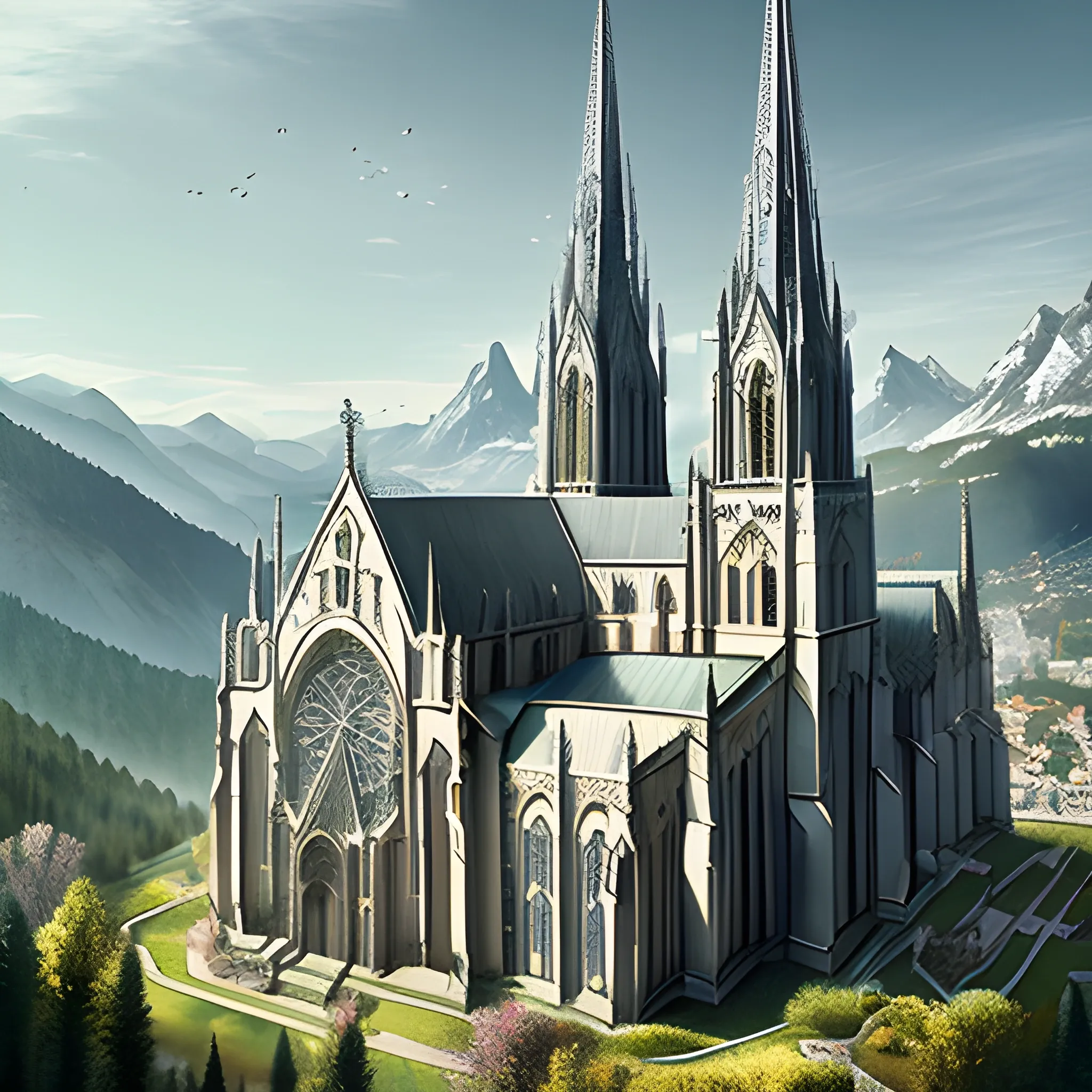 Cathédrale in an bigest elven city in the mountains, elegant, sunny, impressive, high-detail, digital art