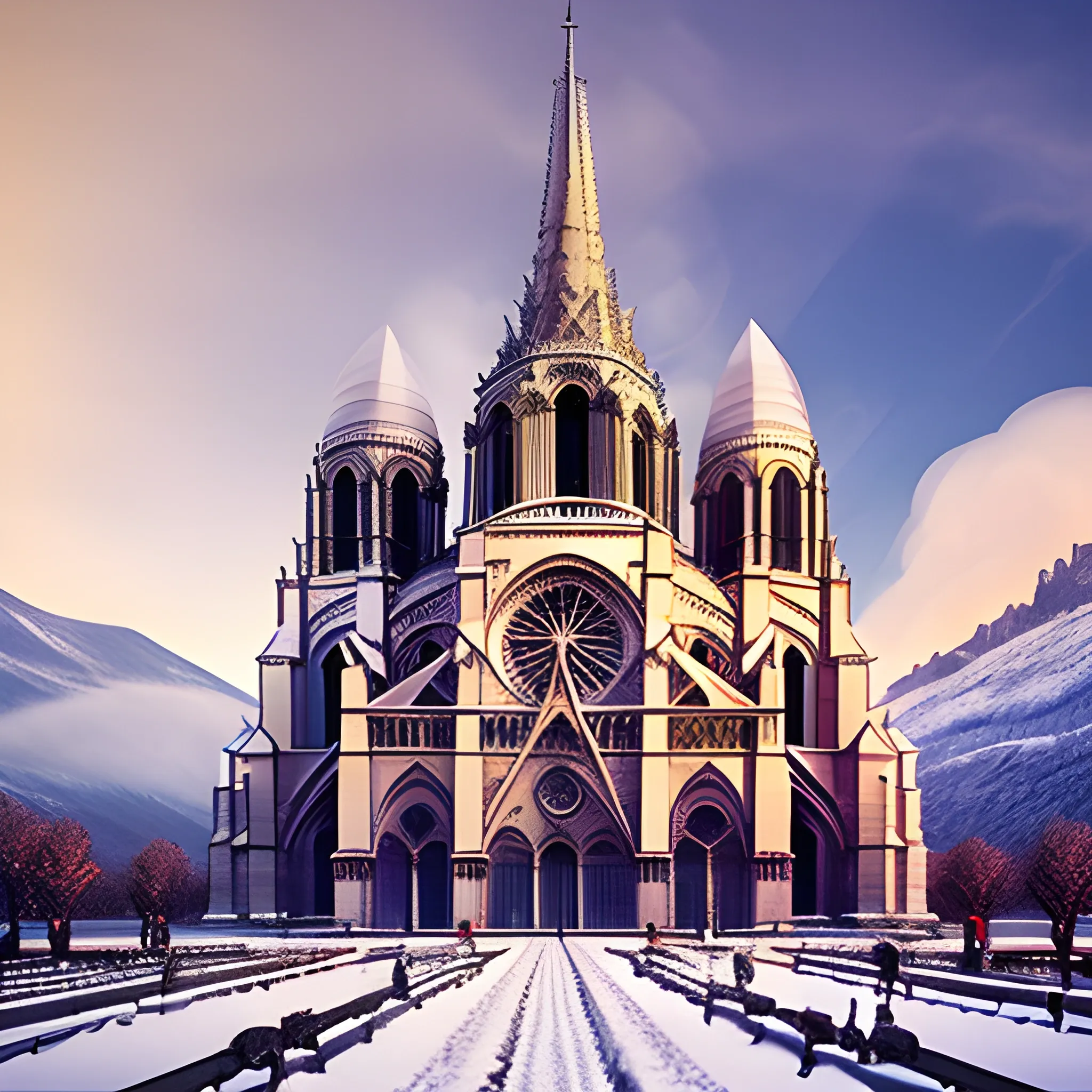 Cathédrale style Paris in an bigest elven city in the mountains, elegant, sunny, impressive, high-detail, snow, red smoke floating above 