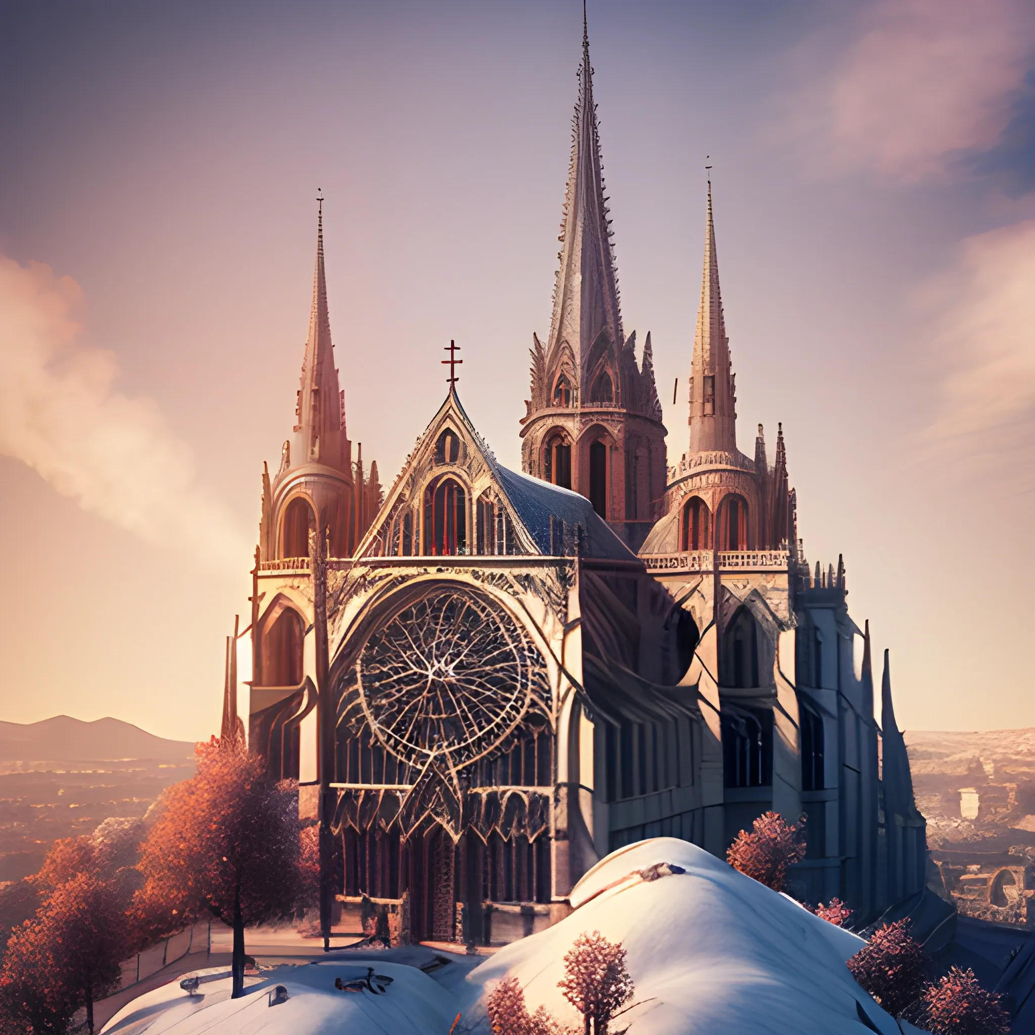 Cathédrale style Paris in an bigest elven city in the mountains, elegant, sunny, impressive, high-detail, snow, red smoke floating above , 3D