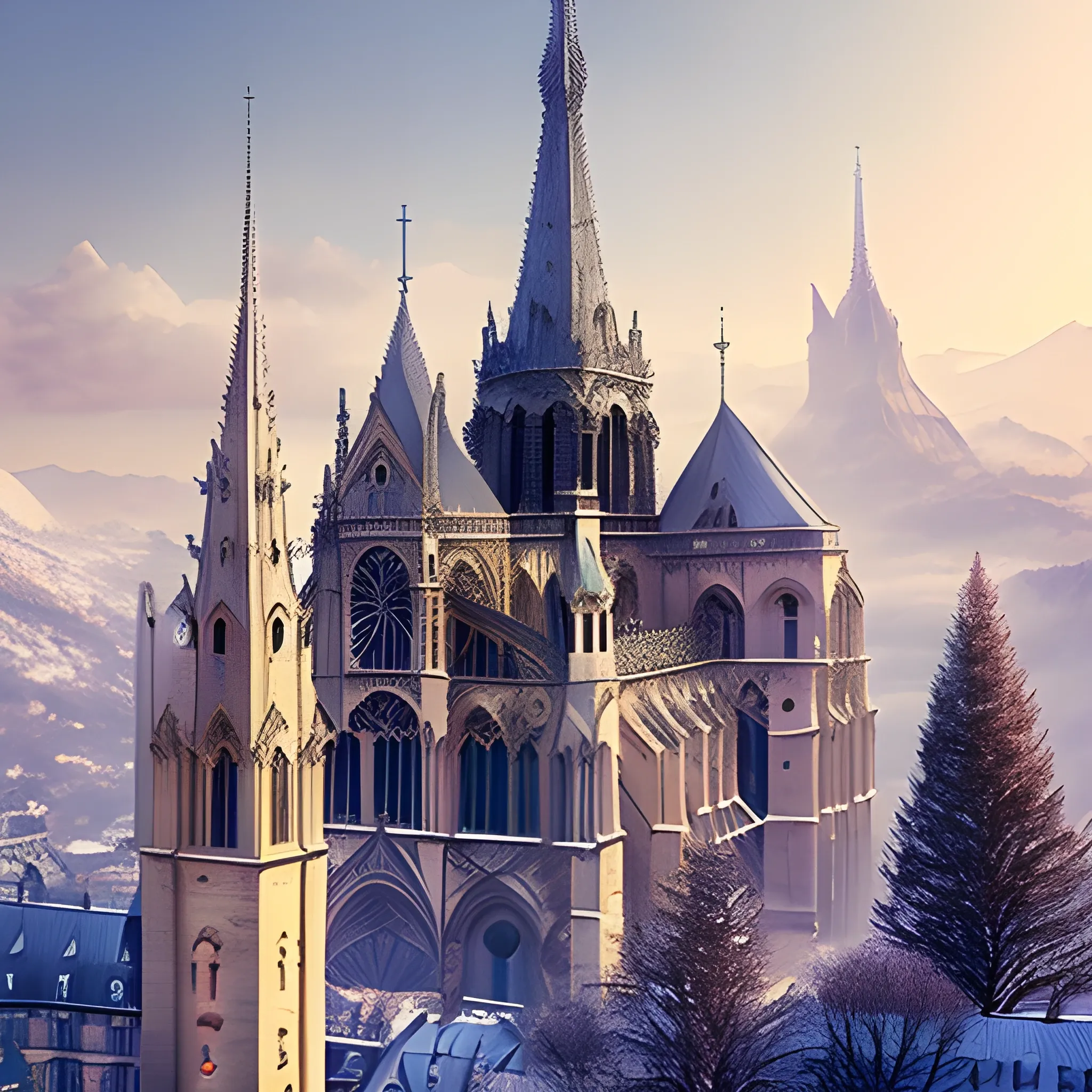 Cathédrale very detailed style Paris in an bigest elven city in the mountains, elegant, sunny, impressive, high-detail, snow, with a red smoke floating above