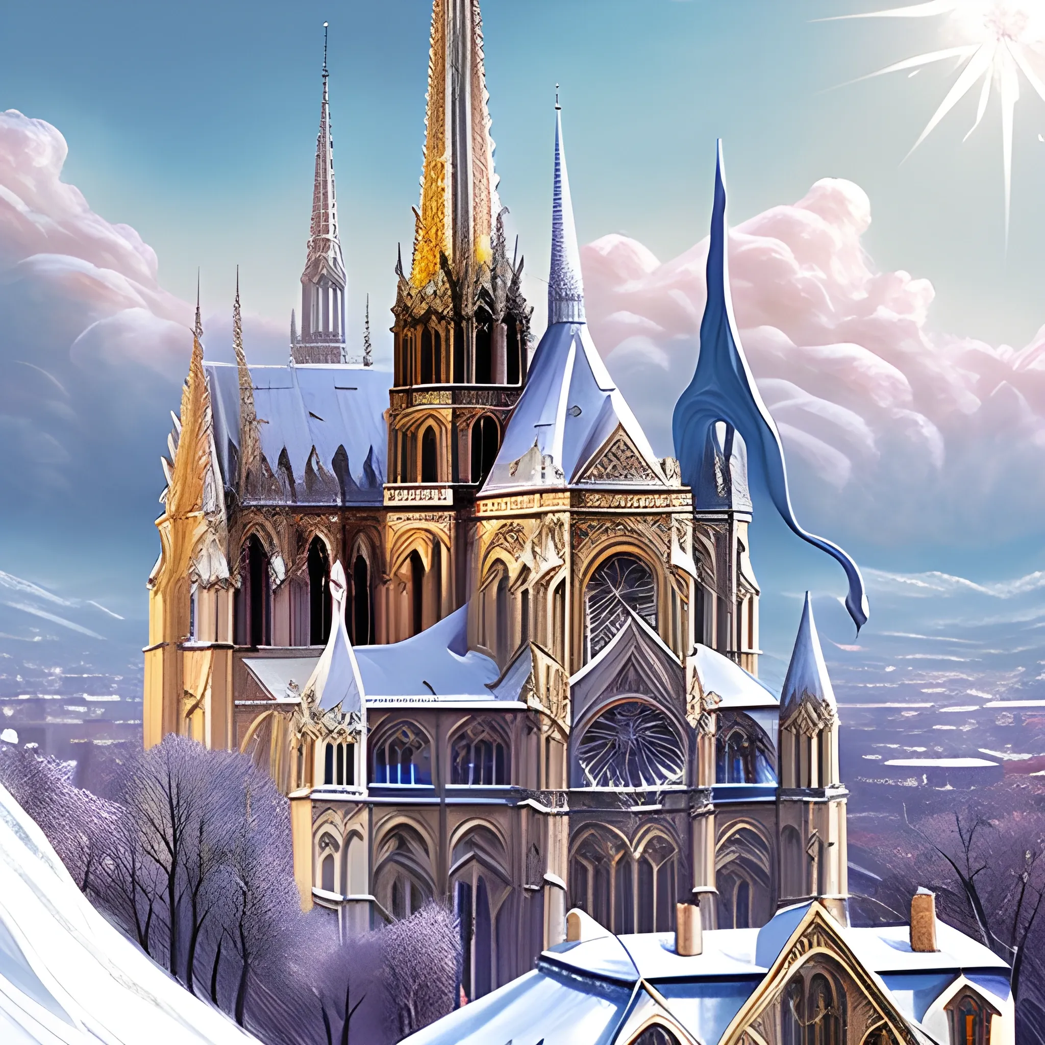 Cathédrale very detailed style Paris in an bigest elven city in the mountains, elegant, sunny, impressive, high-detail, snow, with a red smoke floating above, Cartoon