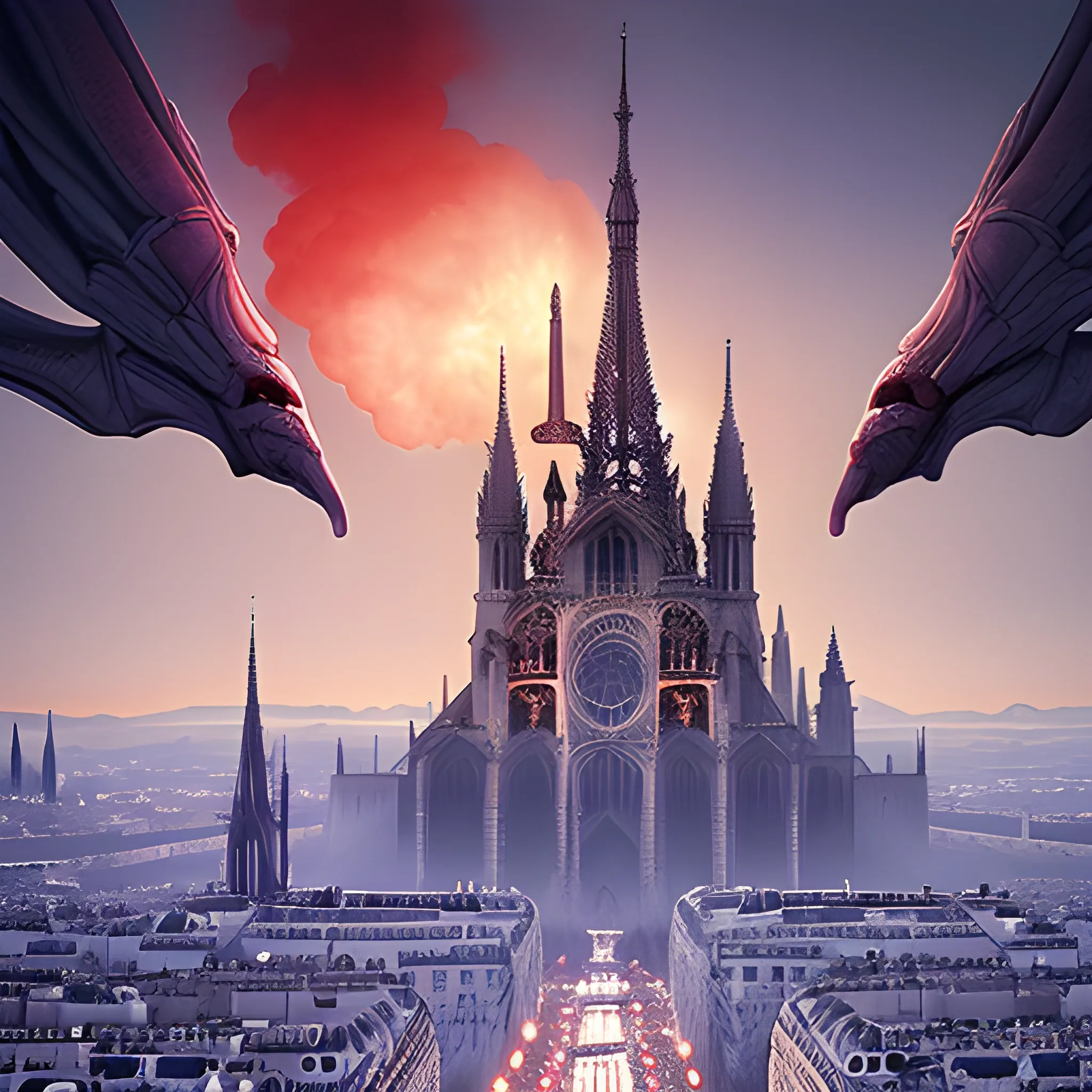 Cathédrale from another world alien very detailed style Paris in an bigest elven city in the mountains, elegant, sunny, impressive, high-detail, snow, with a red smoke floating above, Cartoon