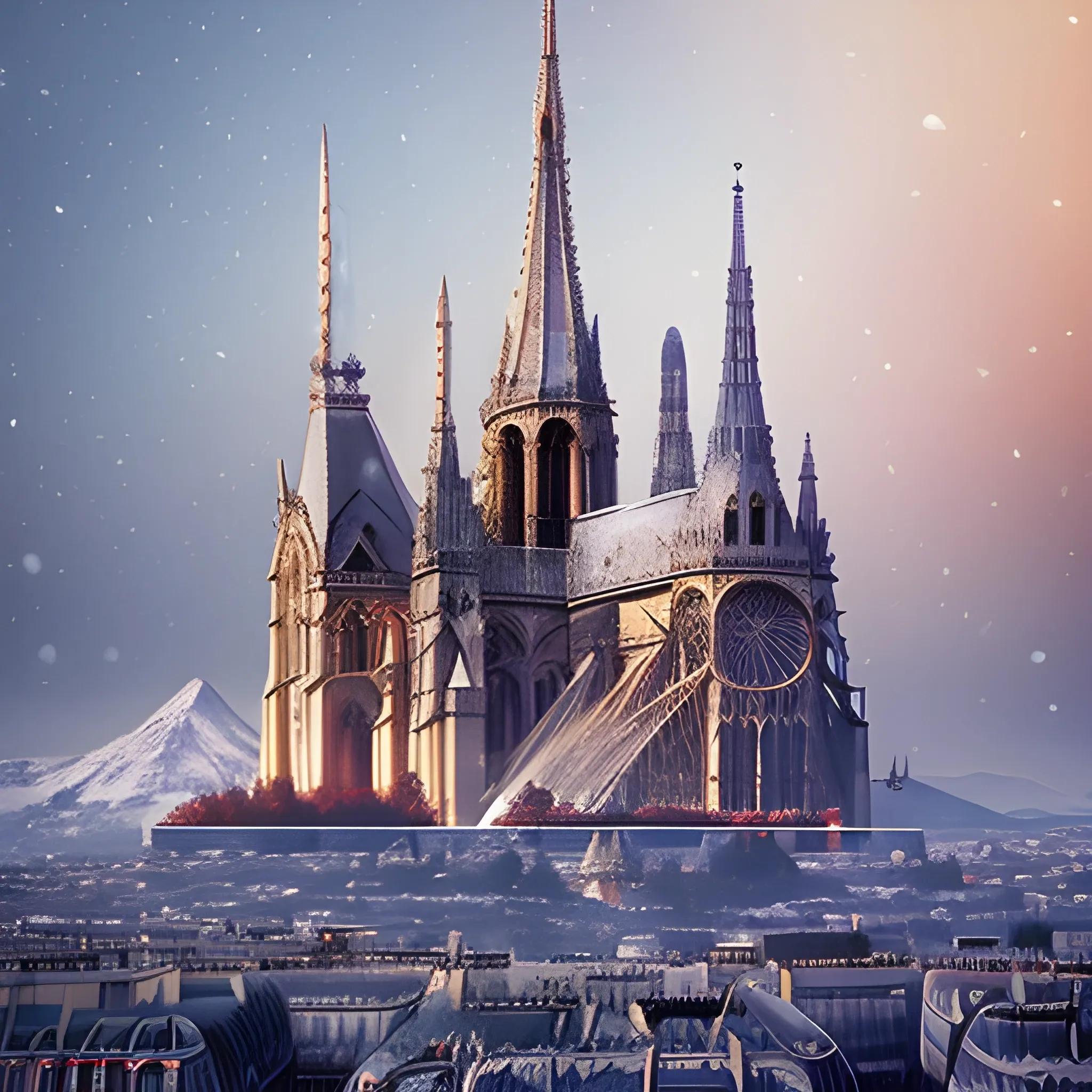 Cathédrale from another world alien very detailed style Paris in an bigest elven city in the mountains, elegant, sunny, impressive, high-detail, snow, with a red smoke floating above
