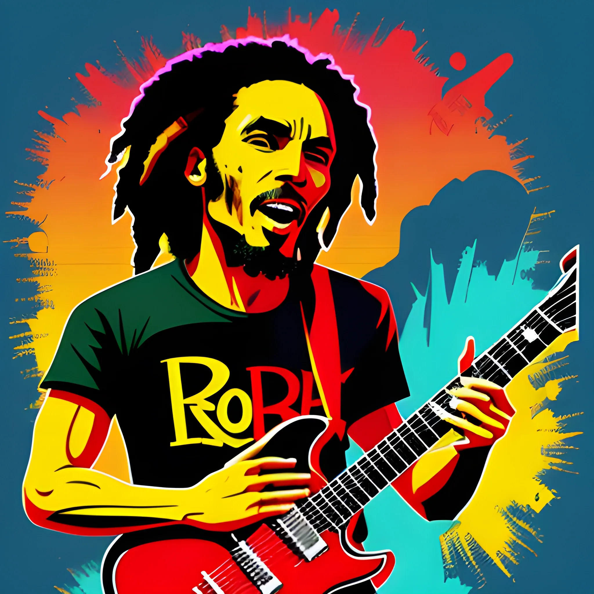  vector t shirt art ready to print RGB graffiti illustration of a red, black, A stylized Bob Marley playing a guitar, high detail, white background, vibrant color