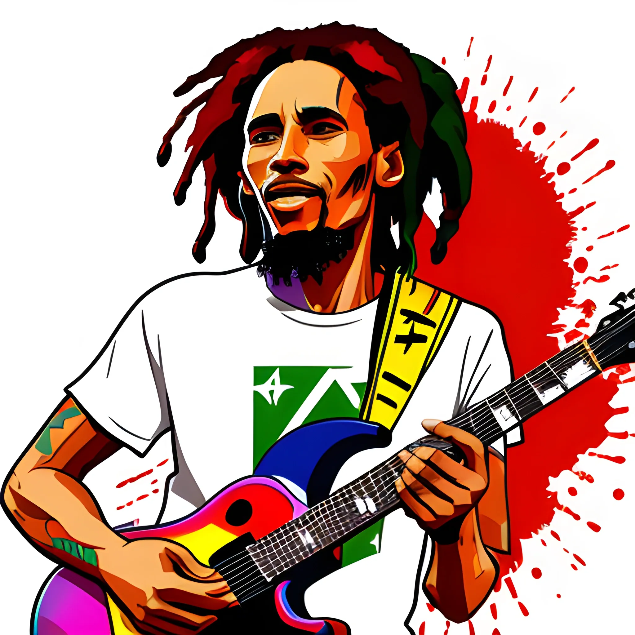  vector t shirt art ready to print RGB graffiti illustration of a red, black, A stylized Bob Marley playing a guitar, high detail, white background, vibrant color, Cartoon, 3D