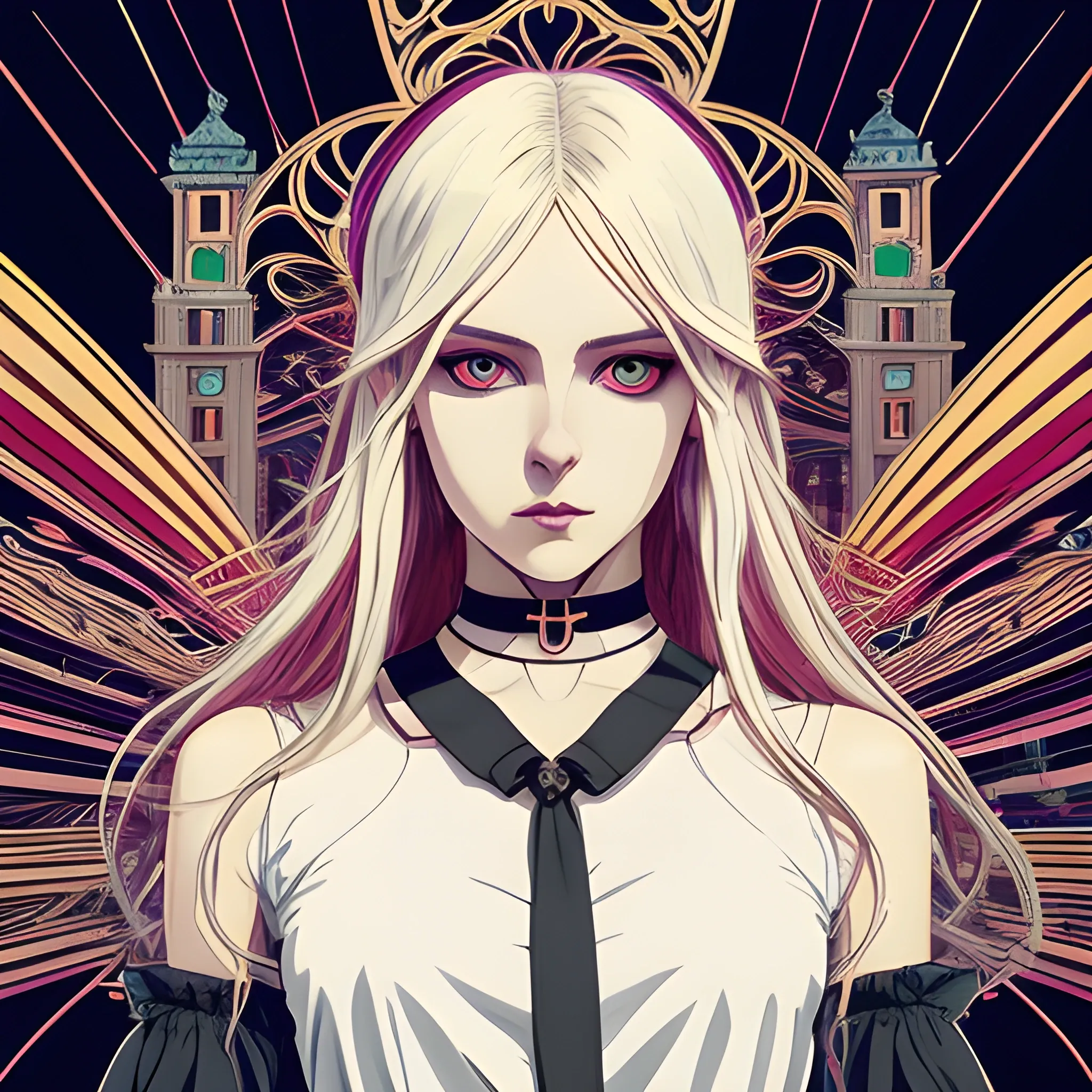 An image of a slavic woman wearing choker in a manga art, anime style character style Art Nouveau painting, red gold and sillver colors,  true aesthetics, casual fashion shot of a beautiful modern woman posing in front of a psychedelic art nouveau style. classy style polish female, full figure, fit, ellegant tight white shirts, ties, miniskirts,  legs,  choker, cross, long hair, classy,  beautiful faces, manga symmetric eyes, open mouth, postapocaliptic Warsaw city in the background, dark night, art by Greg Rutkowski, acrylic, high contrast, colorful polychromatic, ultra detailed, ultra quality, CGSocietyHighly detailed, highest quality  , 3D