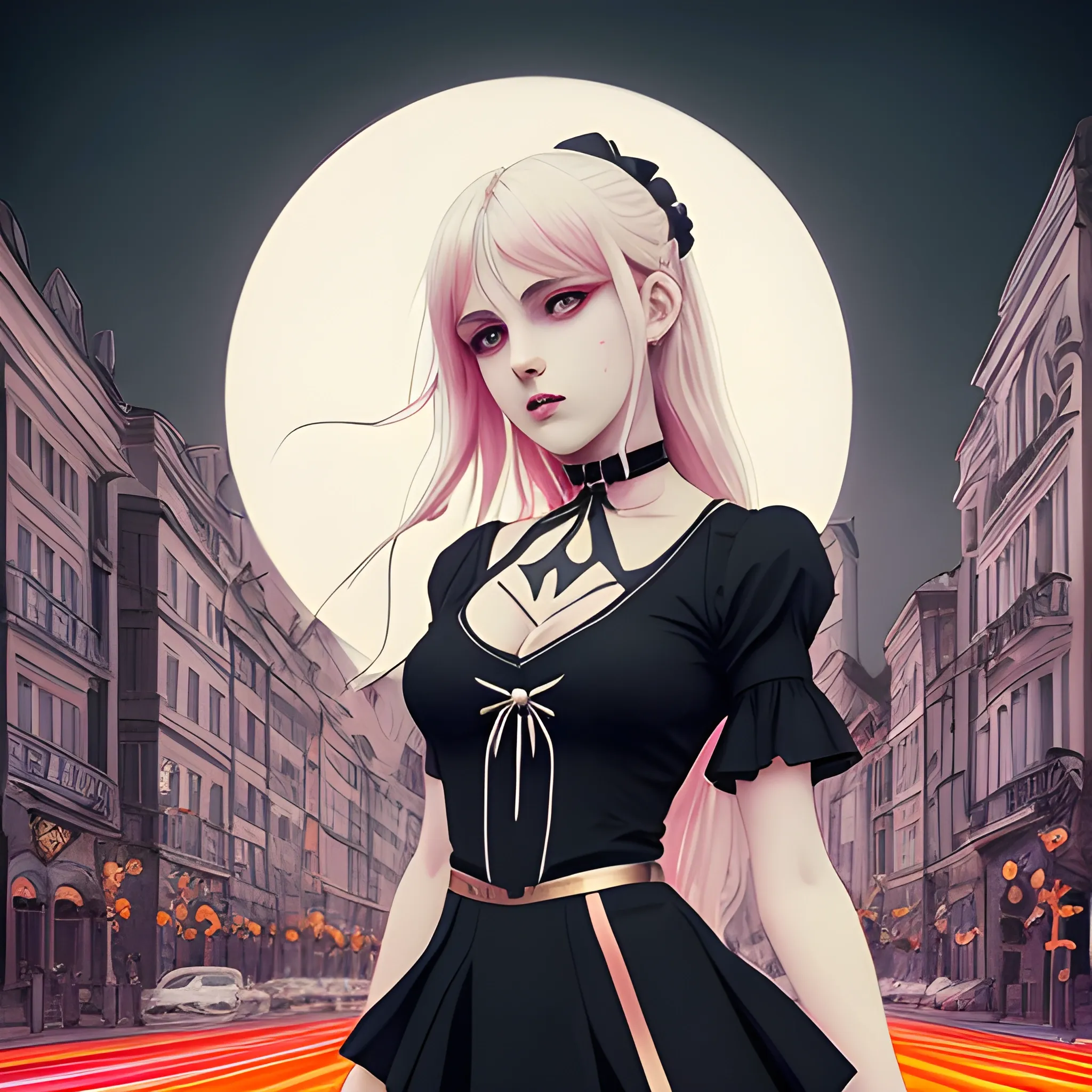 An image of a slavic woman wearing choker in a manga art, anime style character style Art Nouveau painting, red gold and sillver colors,  true aesthetics, casual fashion shot of a beautiful modern woman posing in front of a psychedelic art nouveau style. classy style polish female, full figure, fit, ellegant tight white shirts, ties, miniskirts,  legs,  choker, cross, long hair, classy,  beautiful faces, manga symmetric eyes, open mouth, postapocaliptic Warsaw city in the background, dark night, art by Greg Rutkowski, acrylic, high contrast, colorful polychromatic, ultra detailed, ultra quality, CGSocietyHighly detailed, highest quality  , 3D