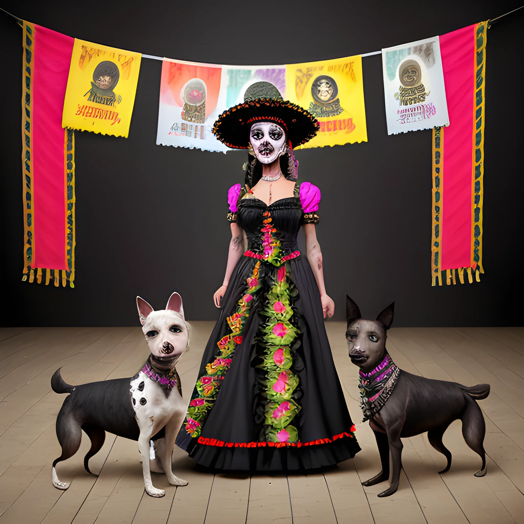 A front full body view of a photo opportunity with two Katrinas (mexican day of the dead costume) women and two Xolo MEXICAN Hairless breed dogs  with a black backdrop on the back of those women and 2 dogs, at a night event. Focused on Details and textures, with depth of view lens, product, photo, cinematic, Water Color