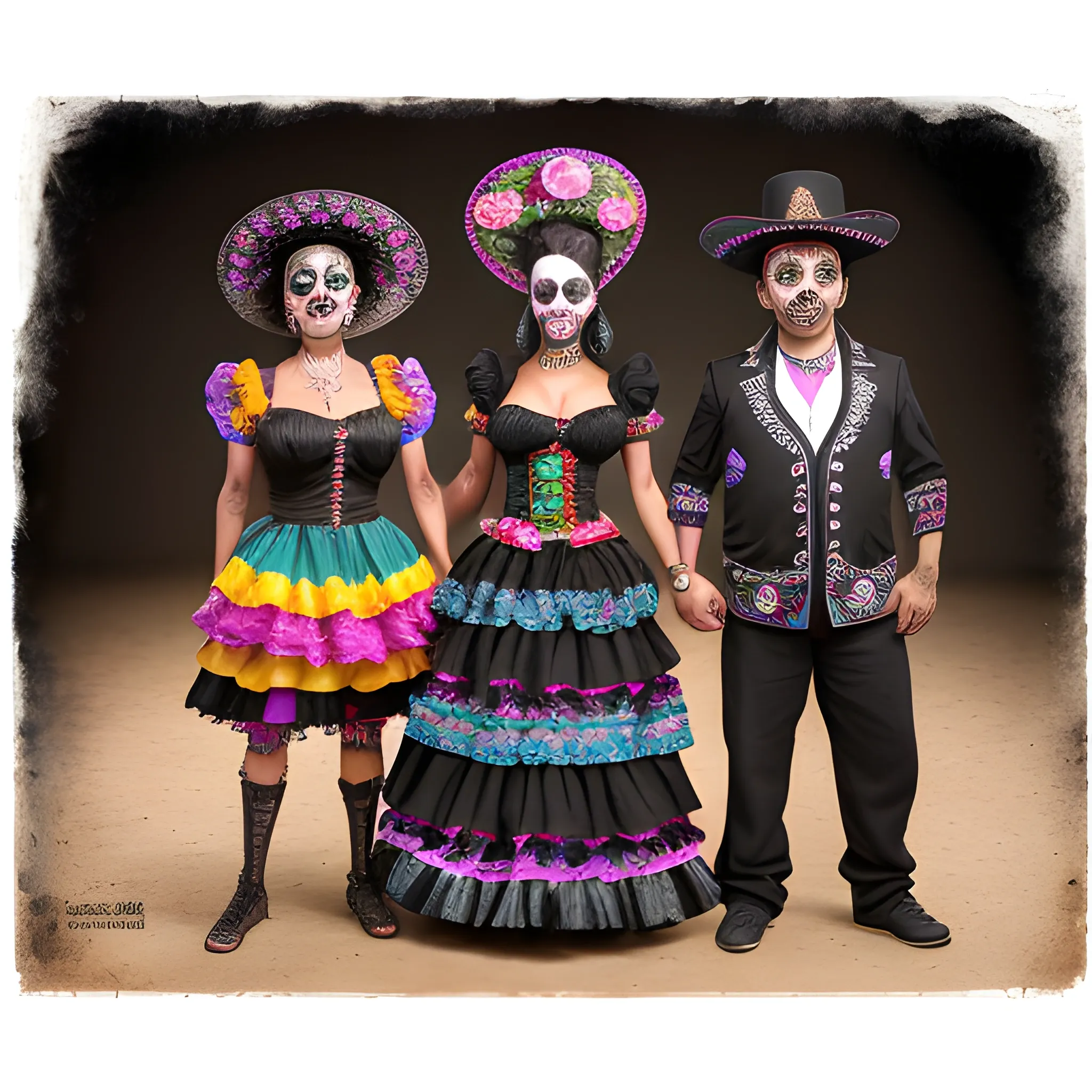 A front full body view of a photo opportunity with two Katrinas (mexican day of the dead costume) women and two Xolo MEXICAN Hairless breed dogs  with a black backdrop on the back of those women and 2 dogs, at a night event. Focused on Details and textures, with depth of view lens, product, photo, cinematic, Water Color, Pencil Sketch