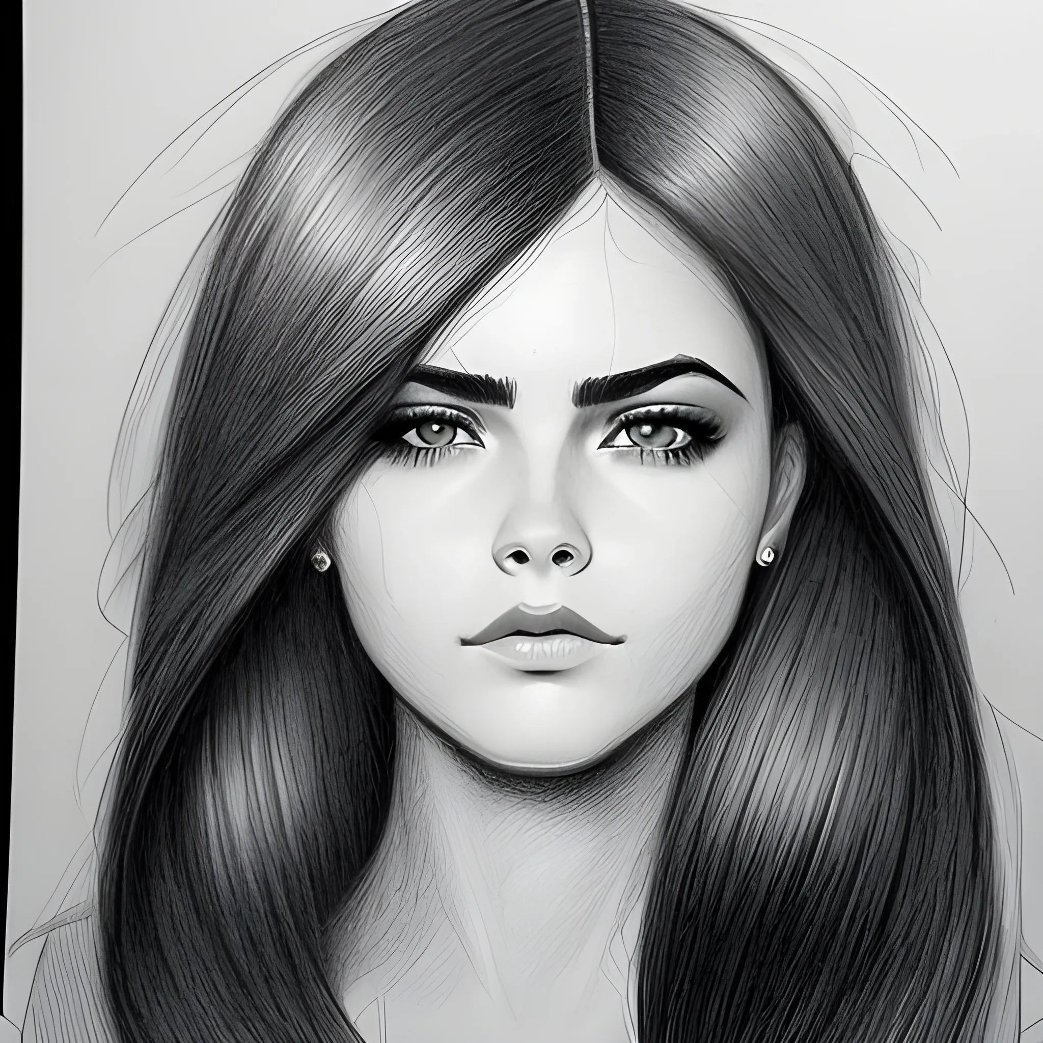 cara de mujer joven con cabello largo de color negro con ojos ligeramente rasgados y boca sensual con el labio superior grande, Pencil Sketch