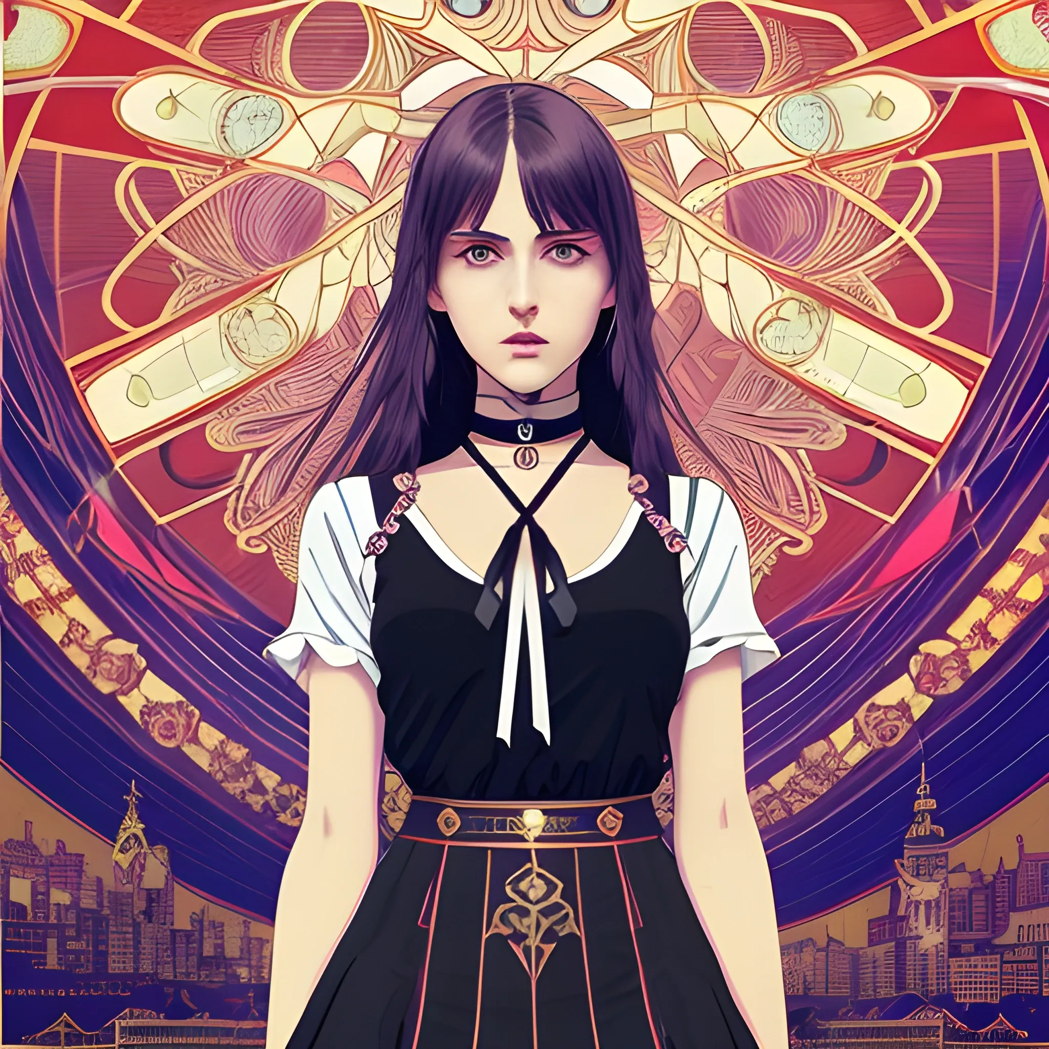 An image of a slavic woman wearing choker in a manga art, anime style character style Art Nouveau painting, red gold and sillver colors,  true aesthetics, casual fashion shot of a beautiful modern woman posing in front of a psychedelic art nouveau style. classy style polish female, full figure, fit, ellegant tight white shirts, ties, miniskirts,  legs,  choker, cross, long hair, classy,  beautiful faces, manga symmetric eyes, open mouth, postapocaliptic Warsaw city in the background, dark night, art by Greg Rutkowski, acrylic, high contrast, colorful polychromatic, ultra detailed, ultra quality, CGSocietyHighly detailed, highest quality  , 3D