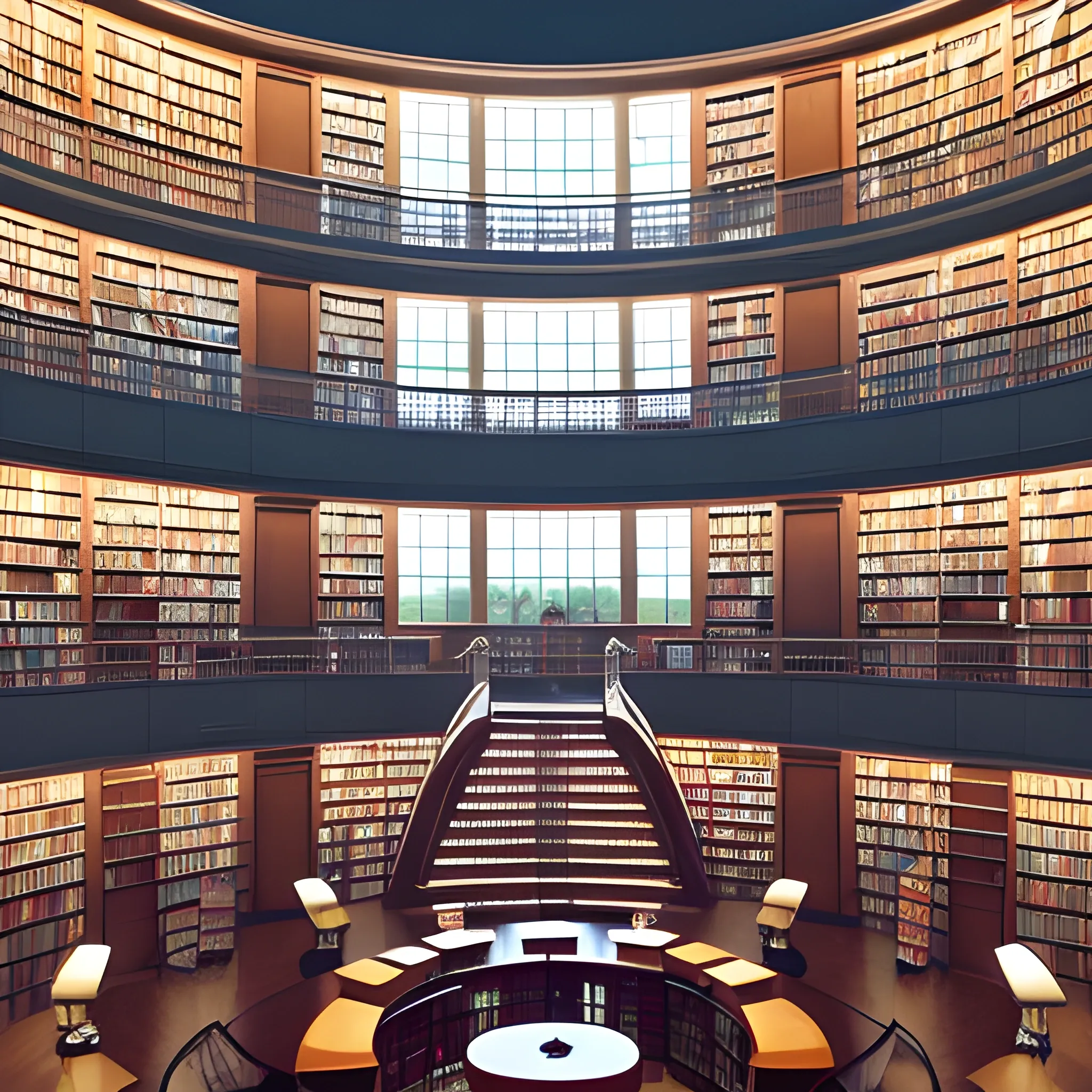 Library, Big Library, Circular Library, 2 Floor Library, Fictional, Good lighting, Look from Inside, Full HD, Windows, Great Windows