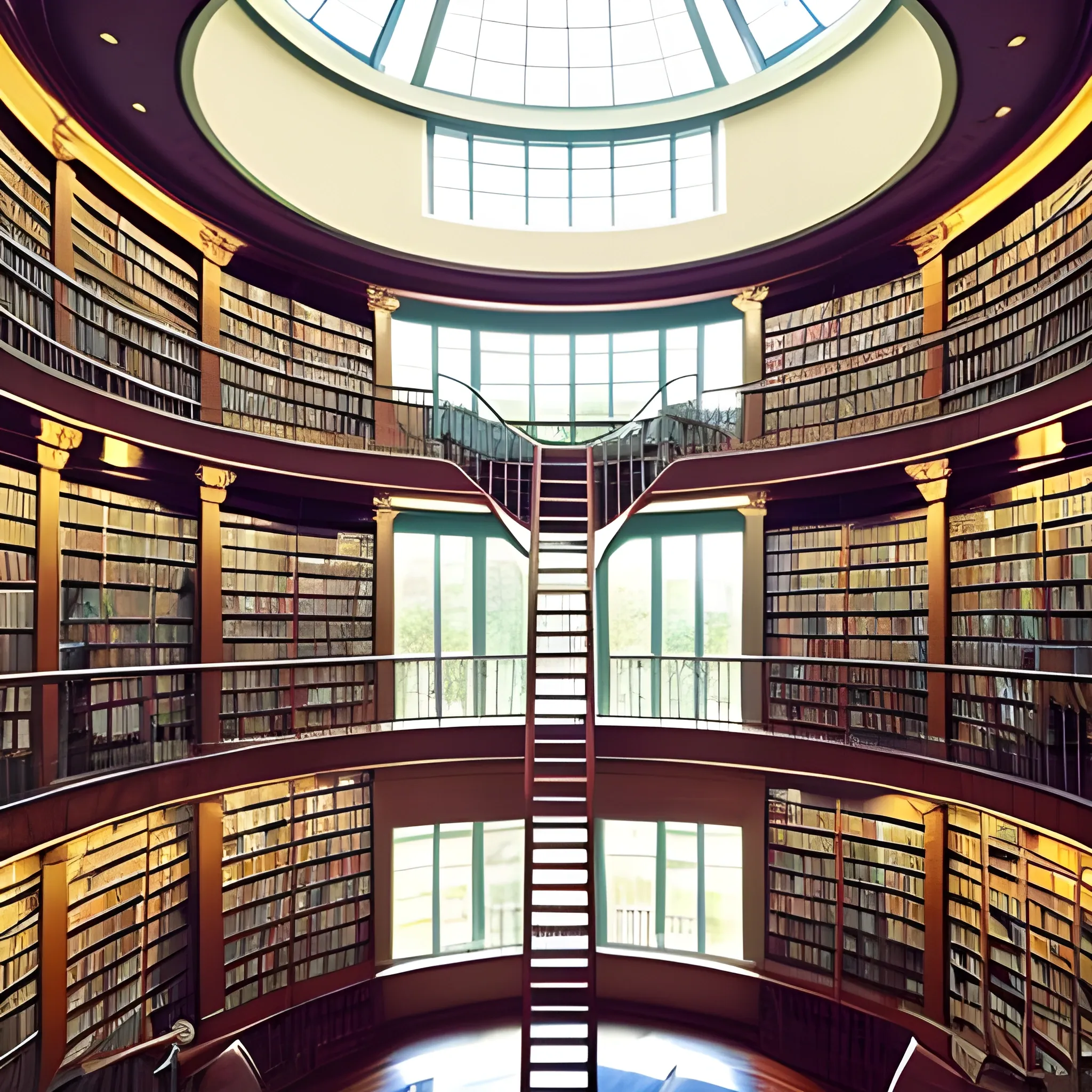 Library, Big Library, Circular Library, 2 Floor Library, Circular Ladders, Comfy, Home Library, For-1-person Library, Personal Library, Good lighting, Look from Inside, Full HD, Windows, Great Windows