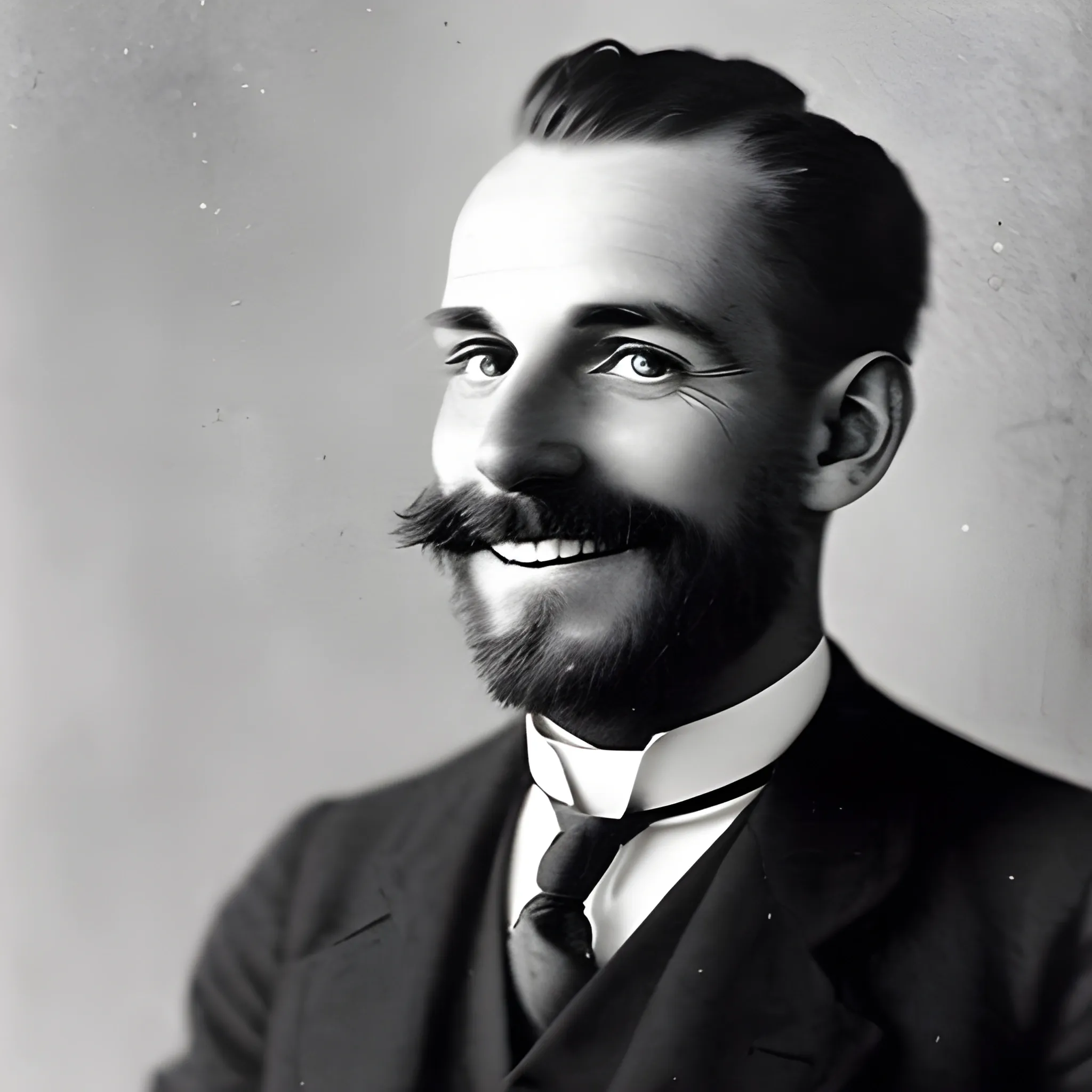 Man in his mid 30s looking at the camera smiling in 1905 in black and white film filter over