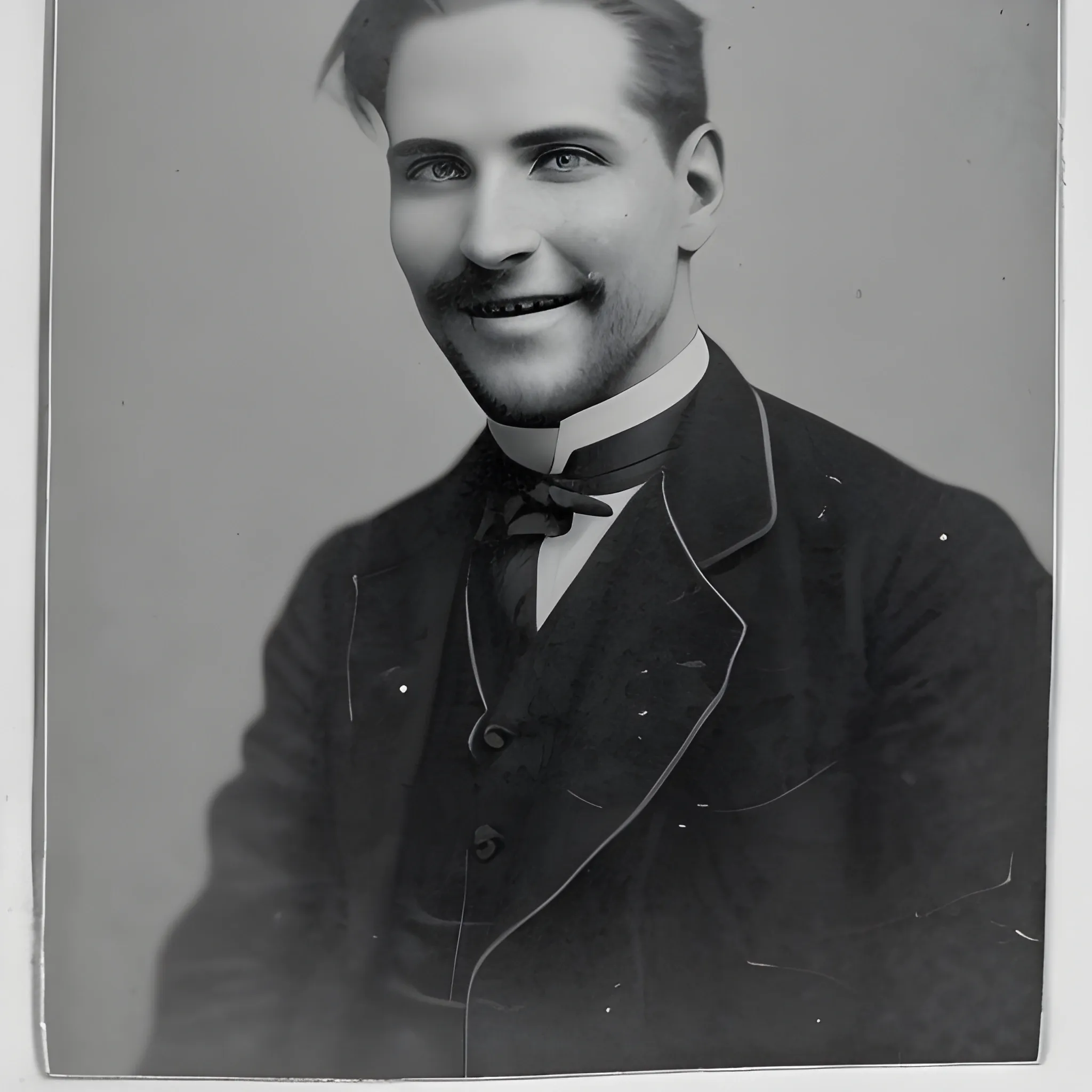 Man in his mid 30s looking at the camera smiling in 1905 in black and white film filter over old photo