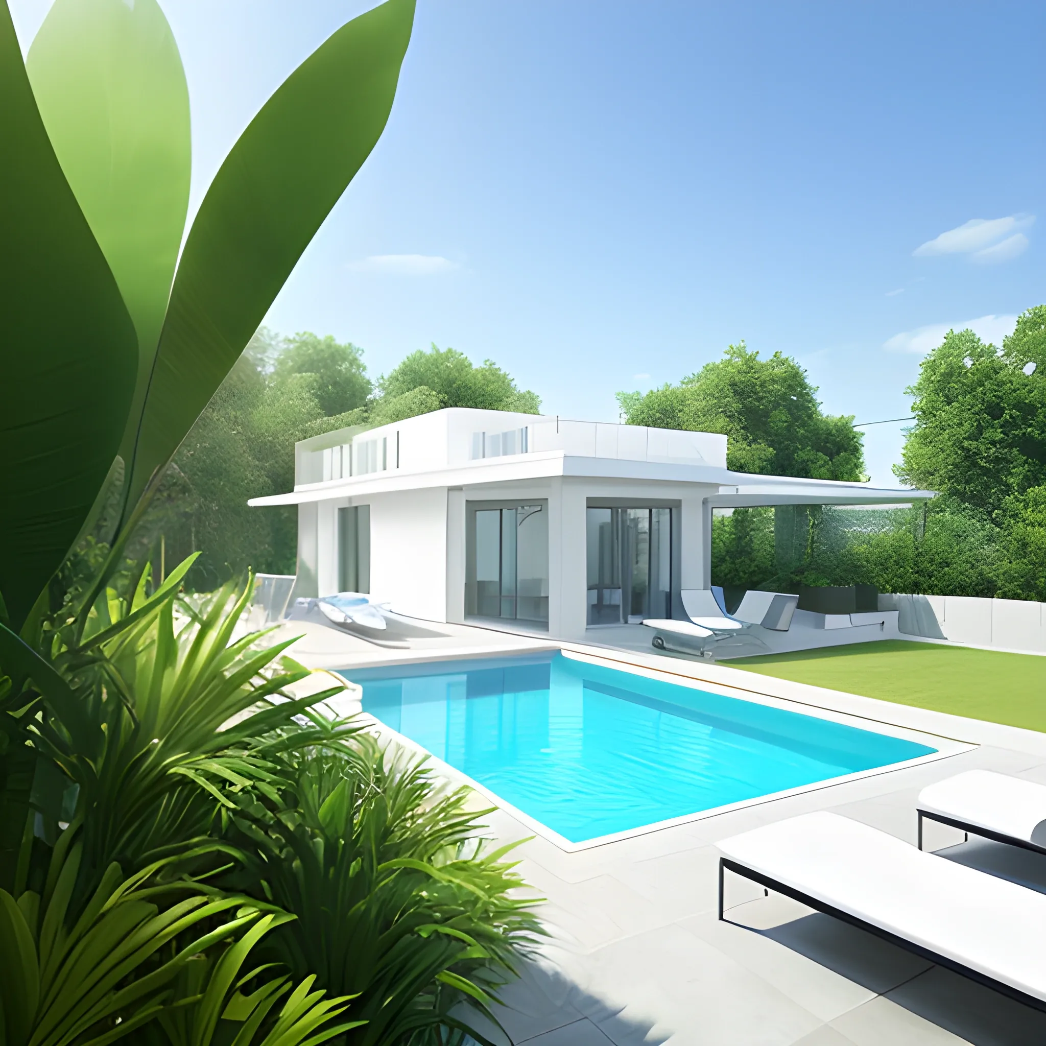 a white house with a pool and a plant, photorealism, photorealistic, next to the swimming pool is a terrace with chairs