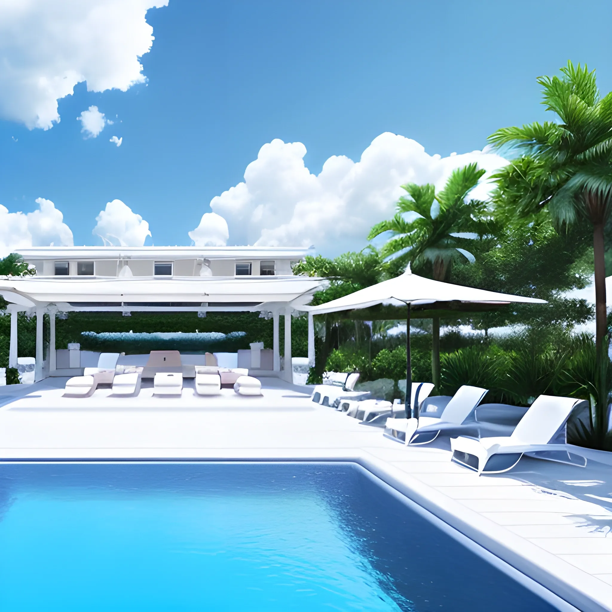 blue sky, white cloud, next to the pool is a big terrace, which is the center of this photo, Realistic style