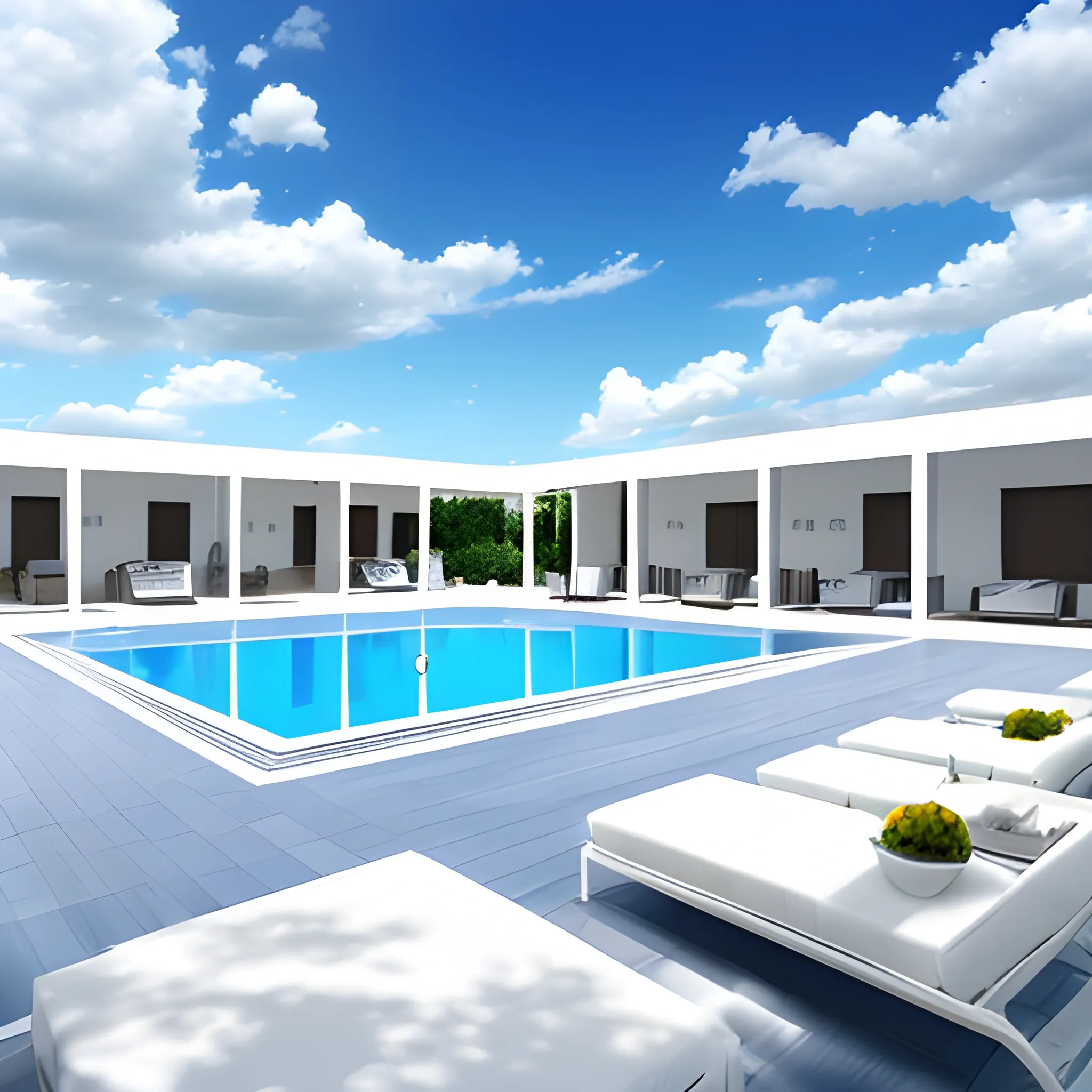 blue sky, white cloud, next to the pool is a big terrace, which is the center of this photo, Realistic style, no chairs
