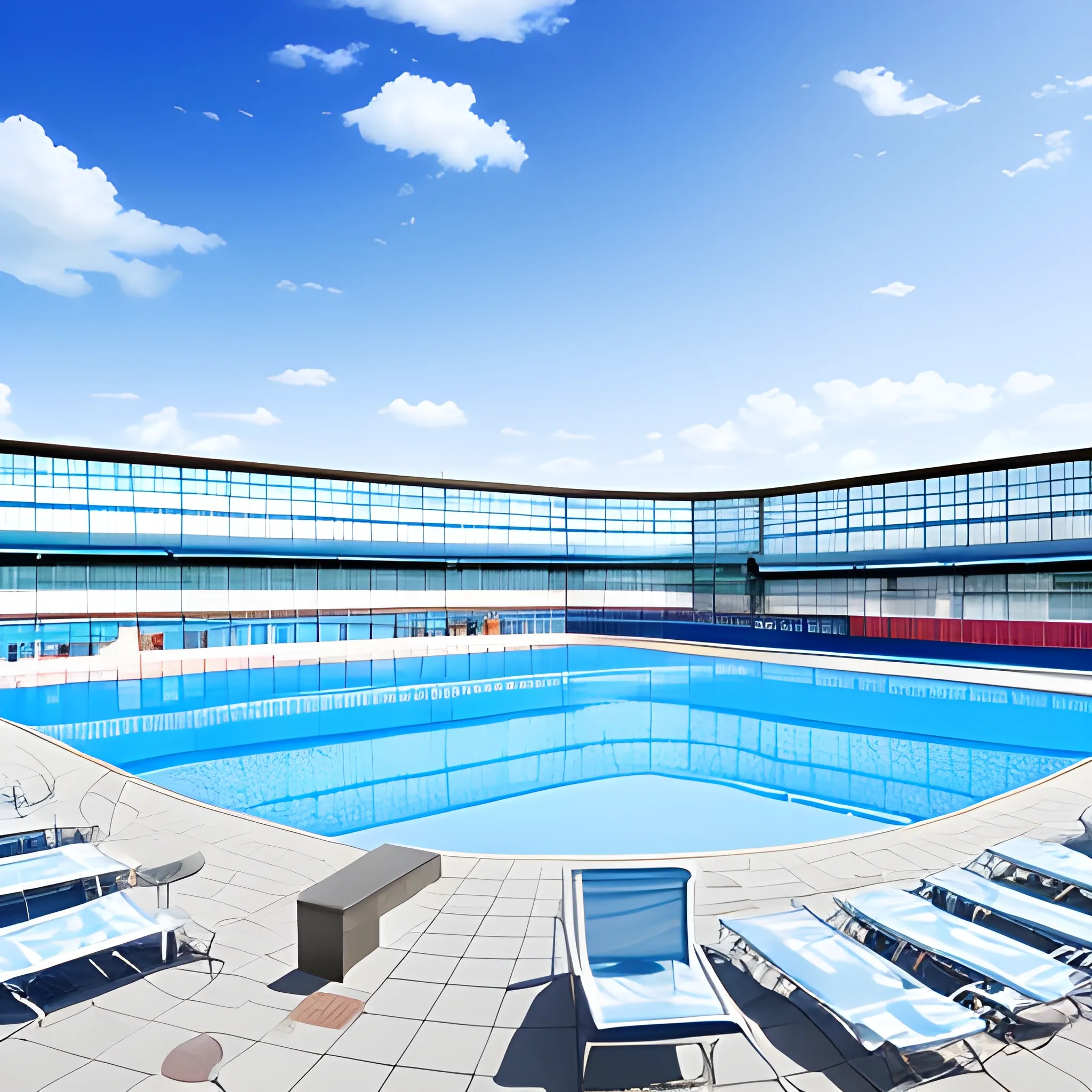 blue sky, white cloud, There is a flat area in front of the swimming pool, which is the center of this photo, Realistic style, no chairs
