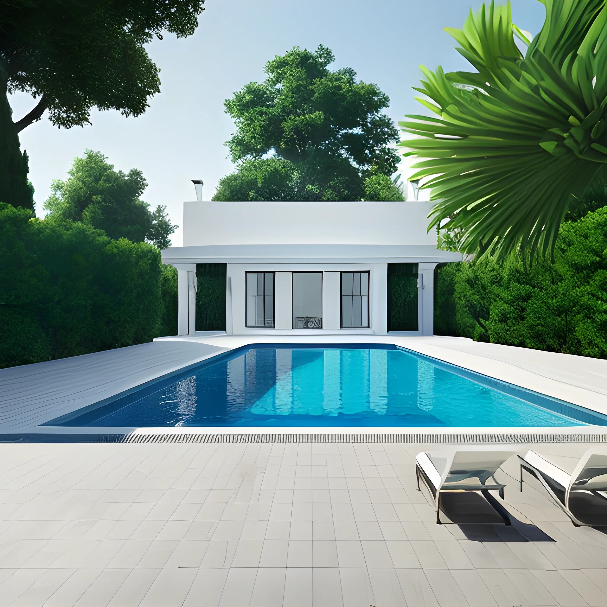 a white house with a pool and a plant, photorealism, photorealistic, next to the pool is the empty terrace, which is the center of this photo
