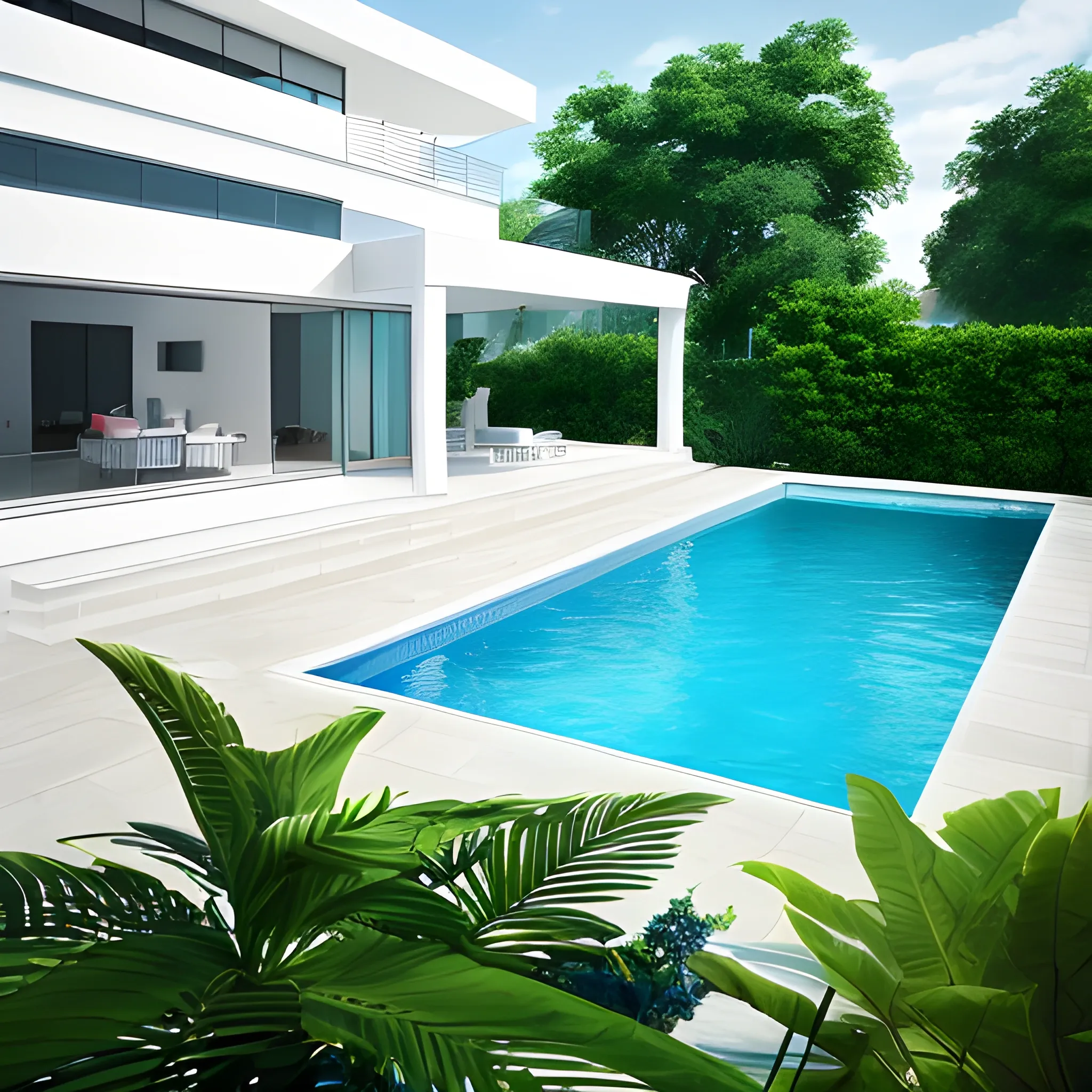 a white house with a pool and a plant, photorealism, photorealistic, next to the pool is the empty terrace, which is the center of this photo，no lounge

