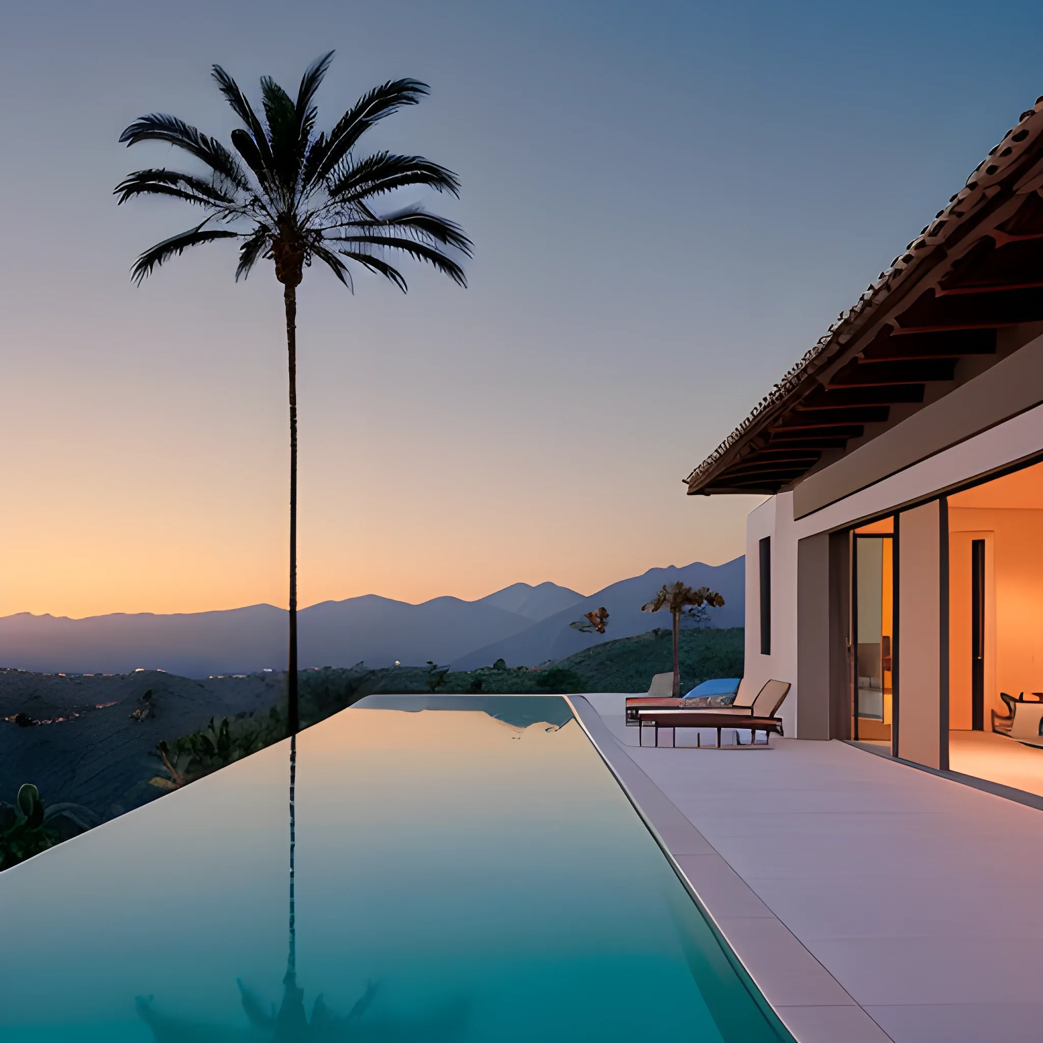 Straight ahead is a wide corridor, and to the right is an infinity pool surrounded by the dark gray walls of a modern single-story villa with a wide rectangular window looking out onto Mount Canigou. There is a palm tree on the left and two banana trees on the left. Golden hour in pink tones. west anderson style