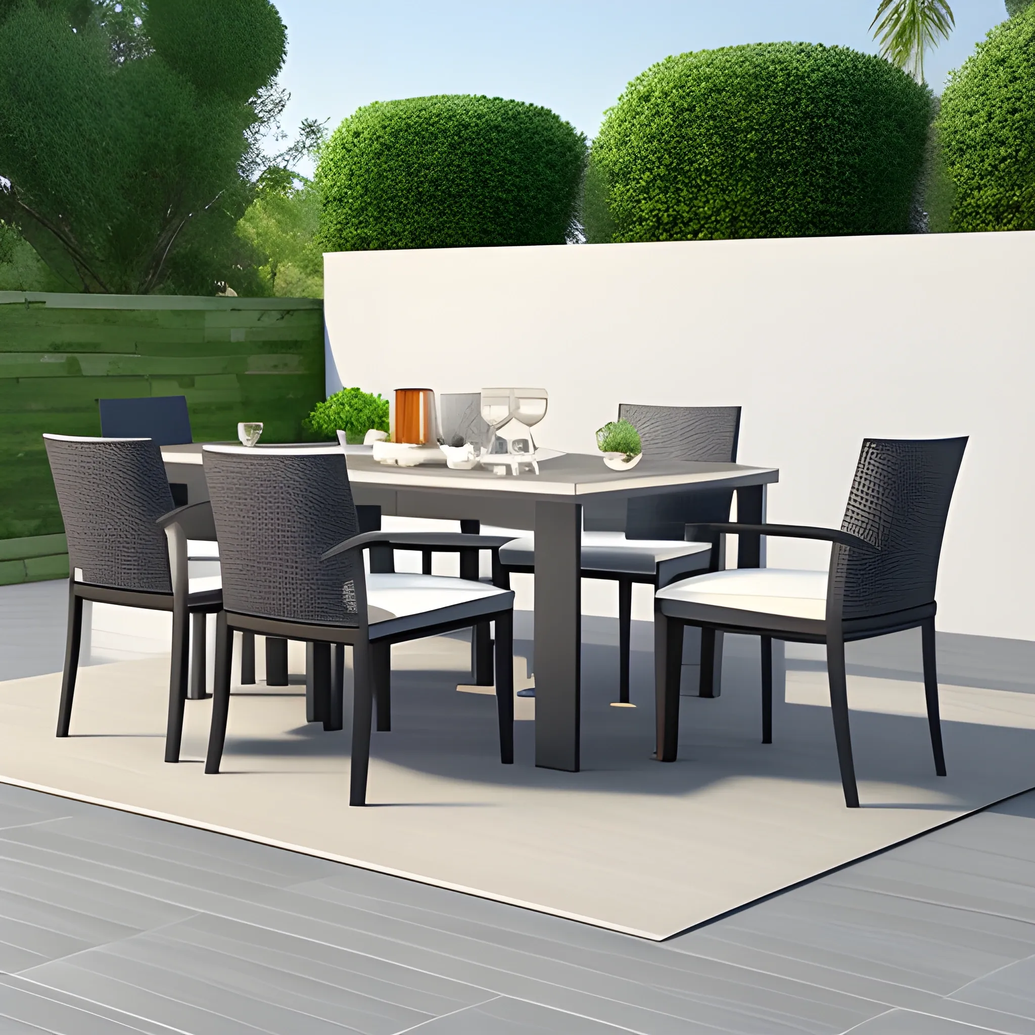 Modern home terrace. Luxury outdoor dining table with chairs. Interior design. 3D Rendering, 3D Illustration