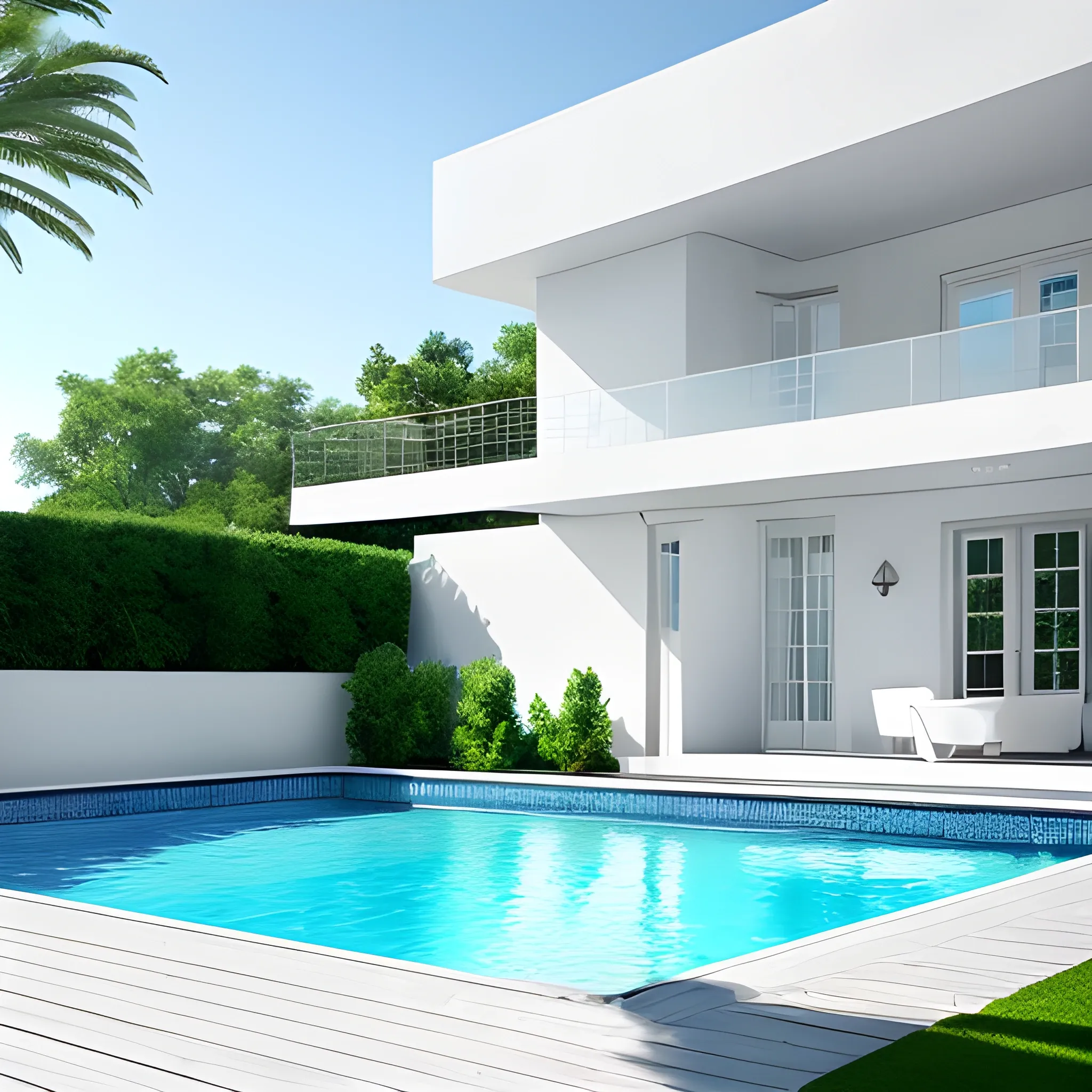 a white house with a pool, photorealism, photorealistic, next to the pool is the empty terrace, which is the center of this photo，no lounge，
The floor is neatly arranged