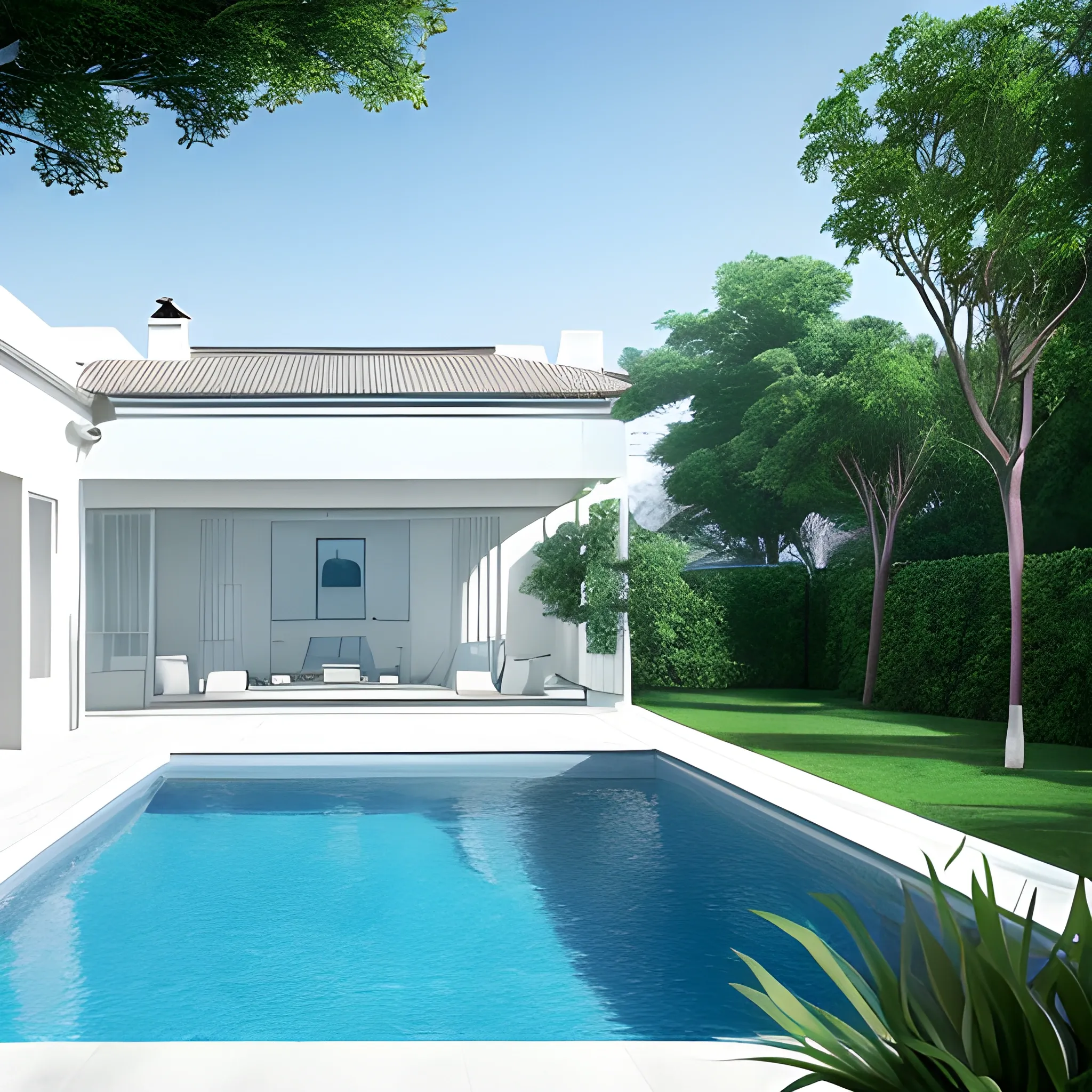 a white house with a pool, photorealism, photorealistic, next to the pool is the empty terrace, which is the center of this photo，no lounge，
The floor is neatly arranged，front