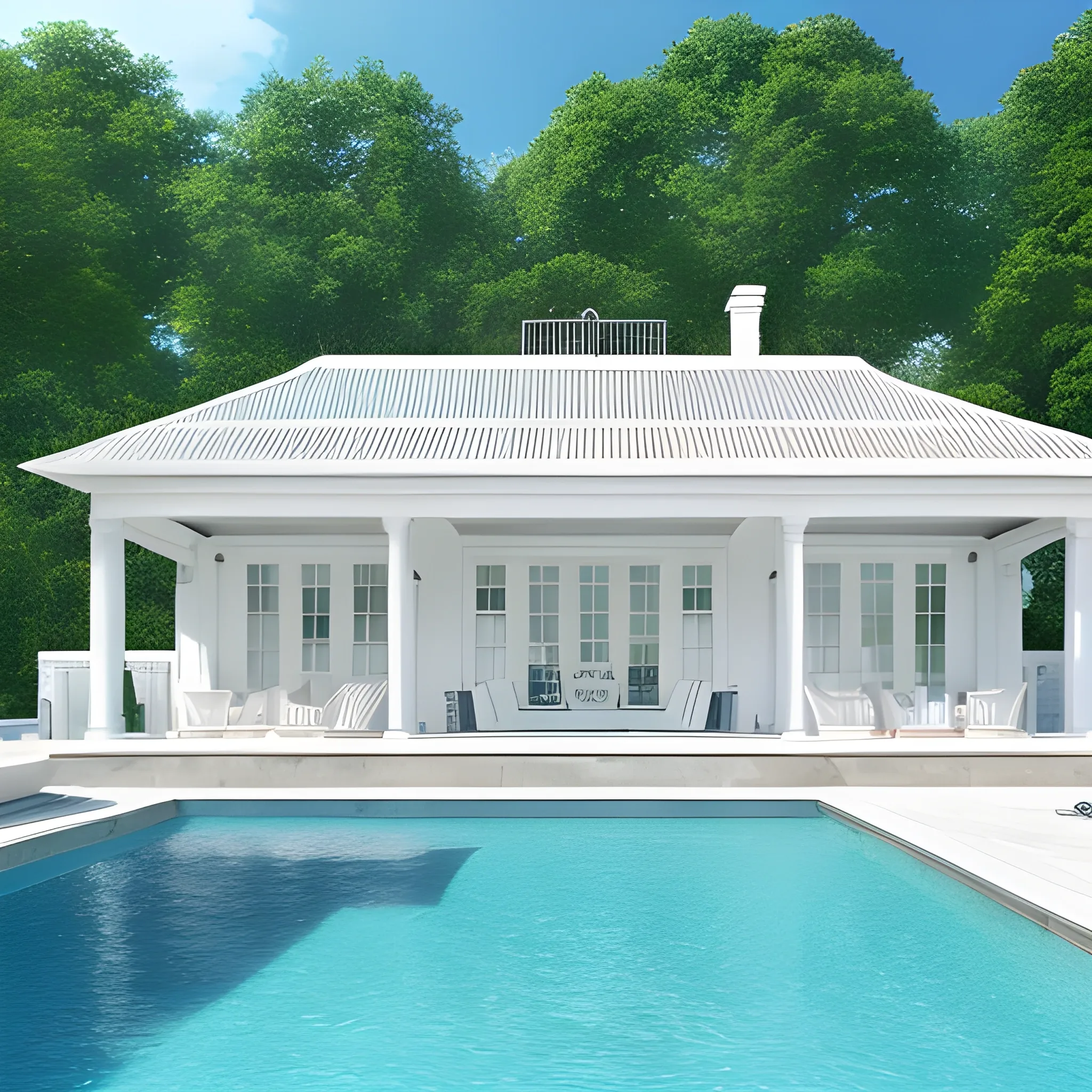 a white house with a pool, photorealism, photorealistic, next to the pool is the empty terrace, which is the center of this photo，no lounge，
The floor is neatly arranged，front，
Advanced, real, detailed
