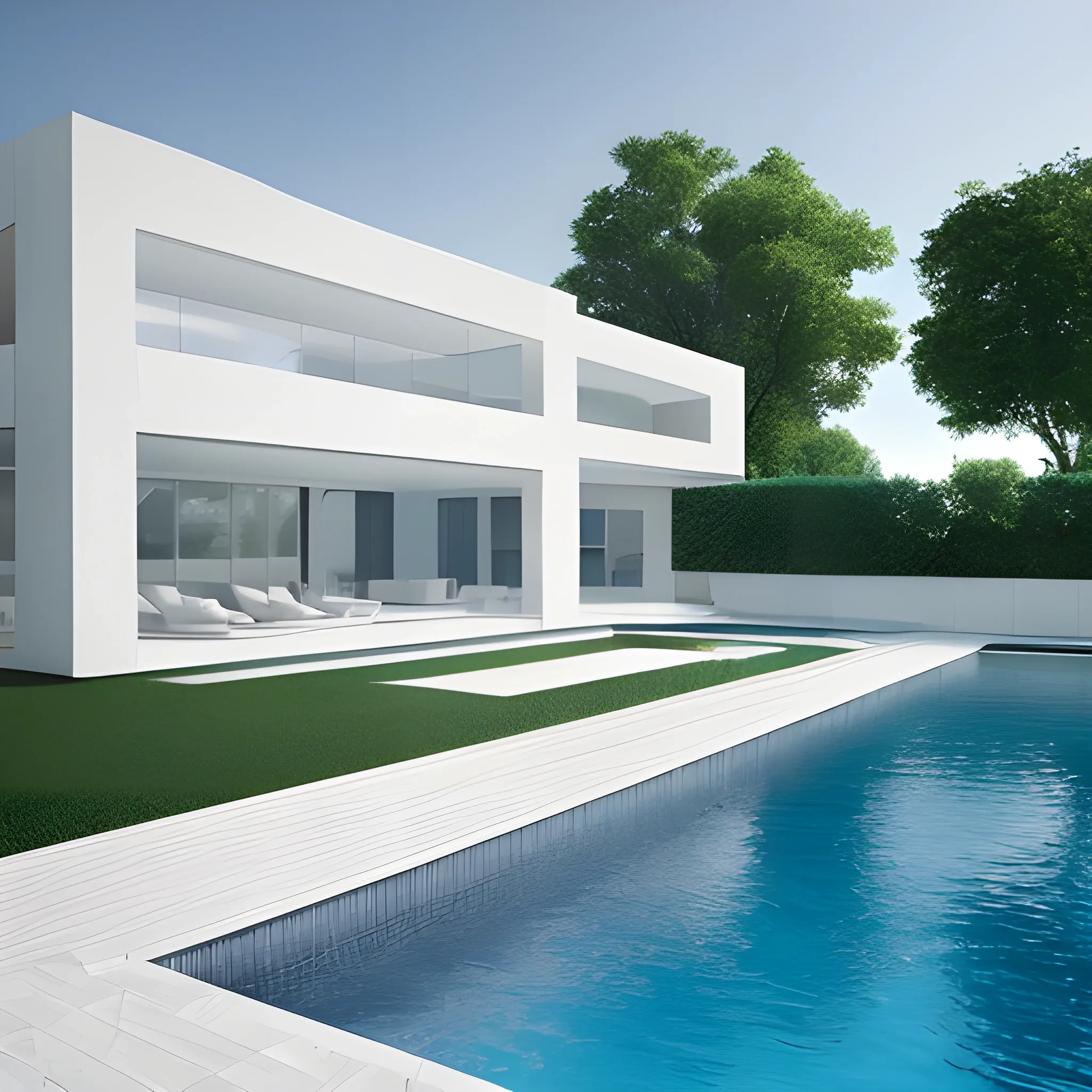 a white house with a pool, photorealism, photorealistic, next to the pool is the empty terrace, no lounge，
The floor is neatly arranged，front，
Advanced, real, detailed
