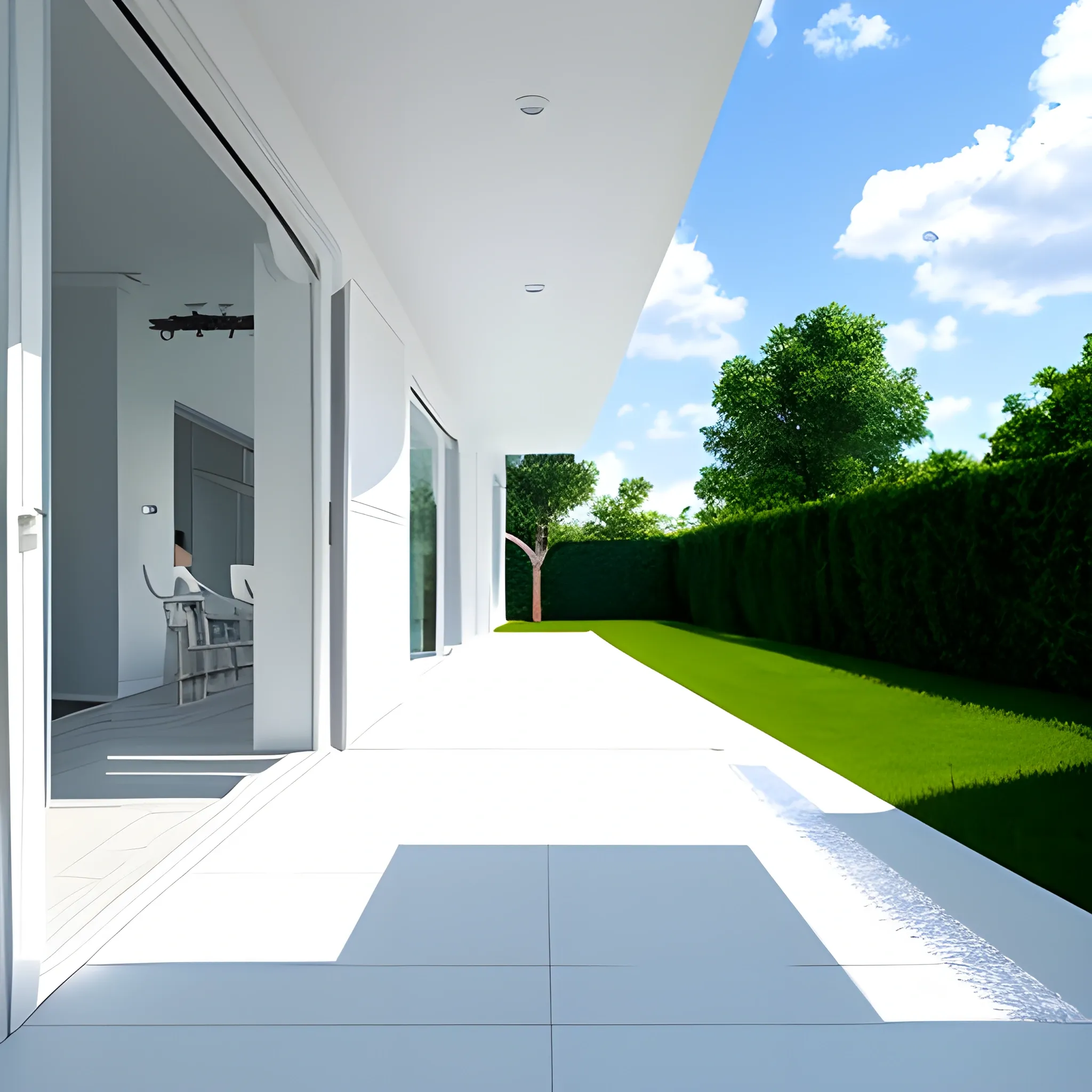 blue sky，white cloud，a white house ， a patio, , no lounge，a rectangular corridor，The floor is neatly arranged，front，Advanced, real, detailed
