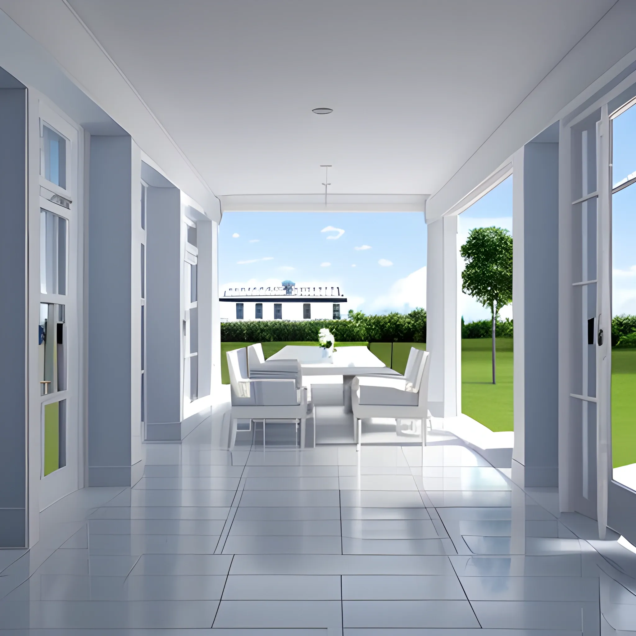 blue sky，white cloud，a white house ， a patio, , no lounge，a rectangular corridor，The floor is neatly arranged，front，Advanced, real, detailed，3D


