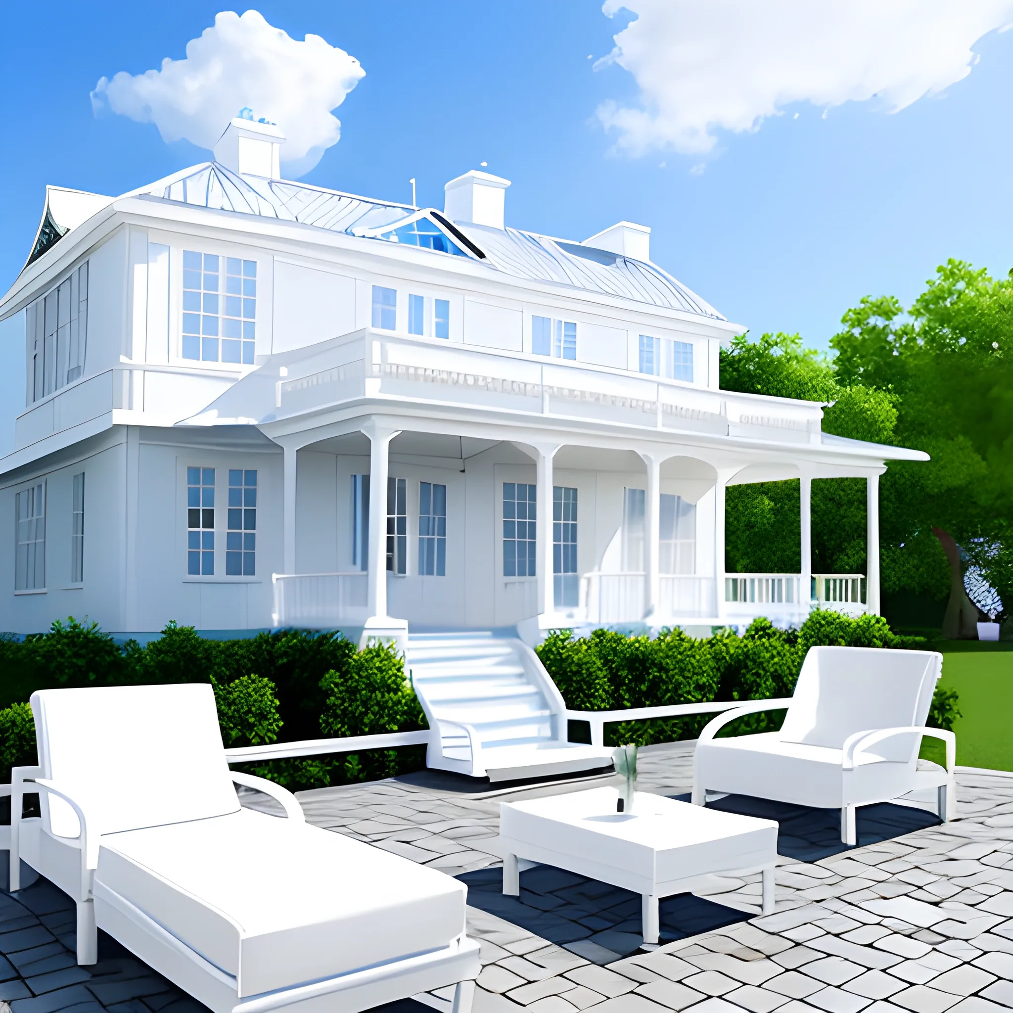 blue sky，white cloud，a white house ， a patio, , no lounge，front，Advanced, real, detailed，3D


