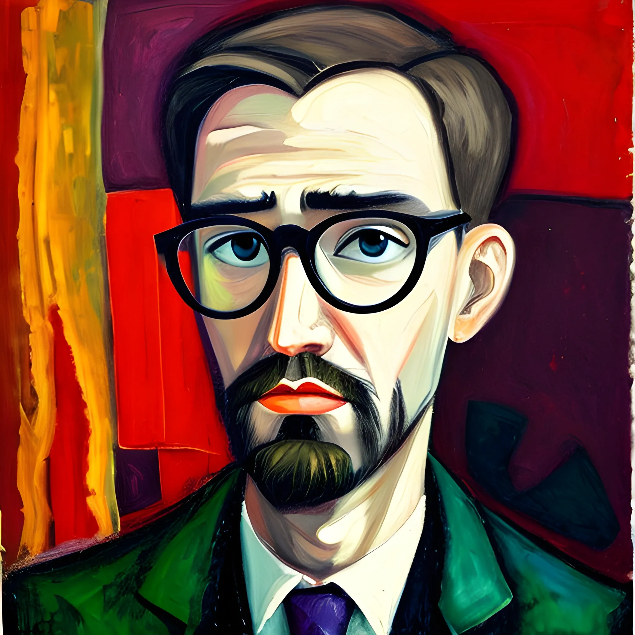 man with glasses by an expressionism painting 