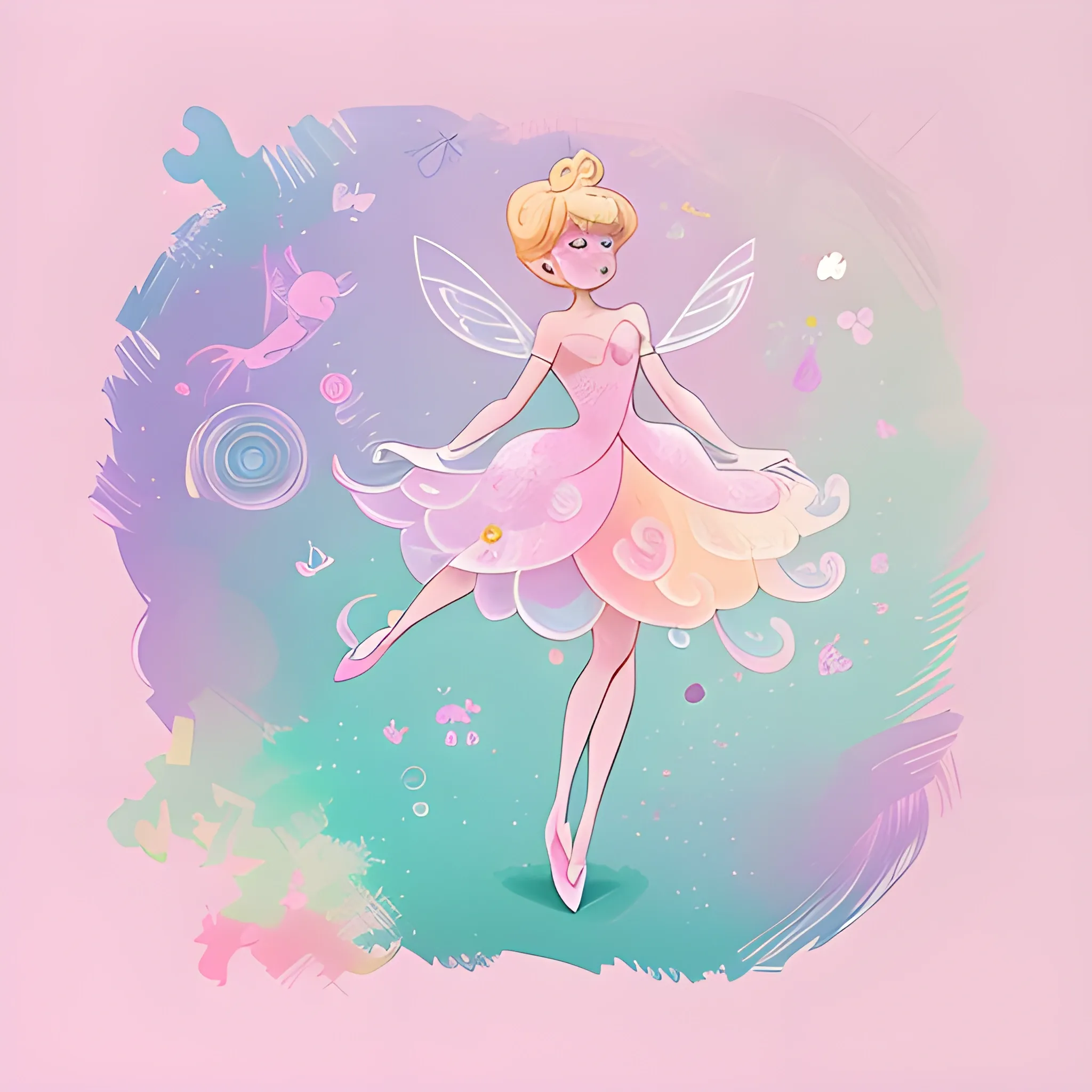 chaotic artwork using tinker bell animation movie element in pastel colour scheme. soft focus print designs. Evelyn Tan art style

graphic, animated, characters, 