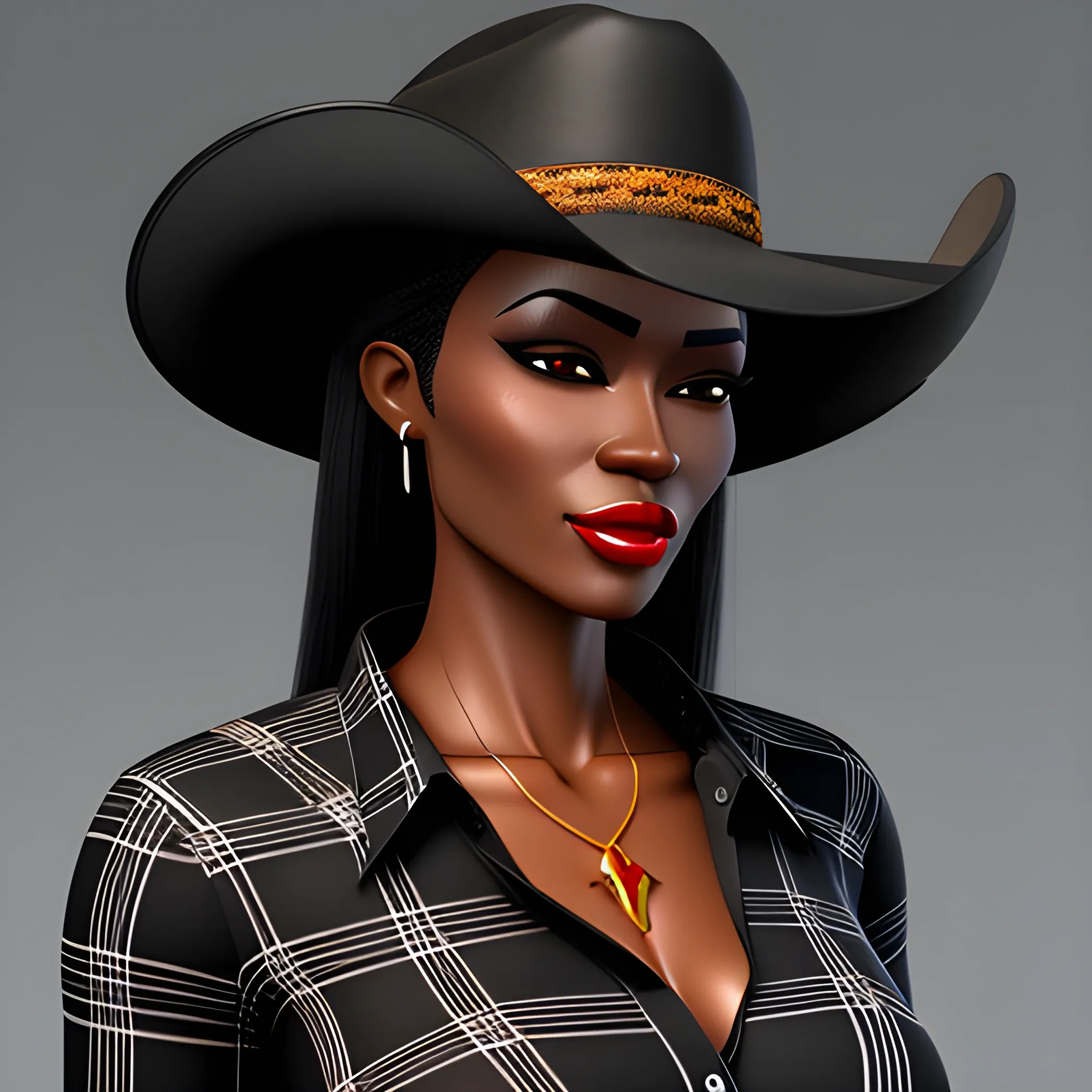 Masterpiece, 3D render, high detail, adult african female, wearing a cowboy hat, cleft chin, short black hair, black eyes, wearing a flannel shirt, small bosom, petite figure, 3D