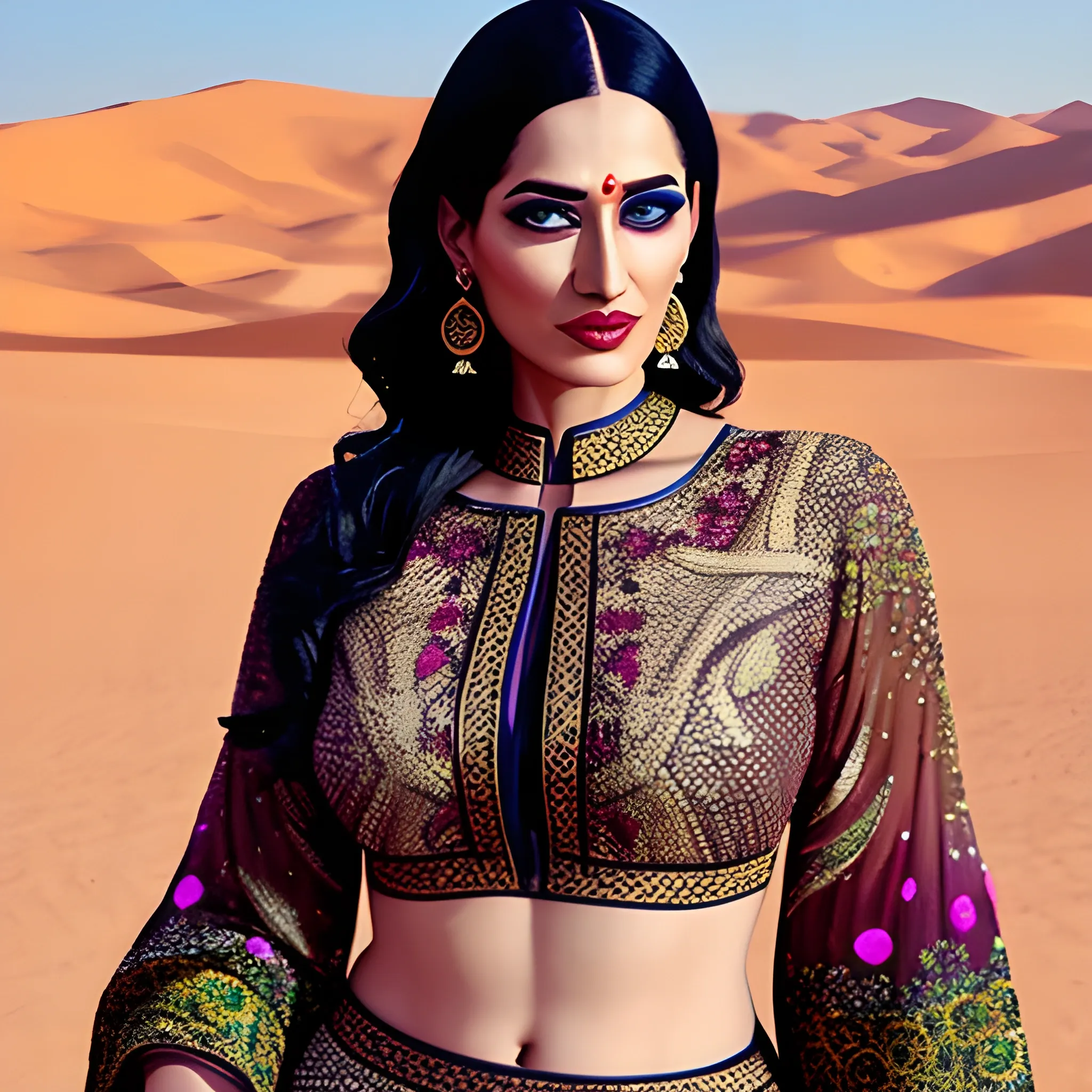 beautiful girl fair and blue eyes wearing masaba Gupta garment in the middle of the desert

realistic